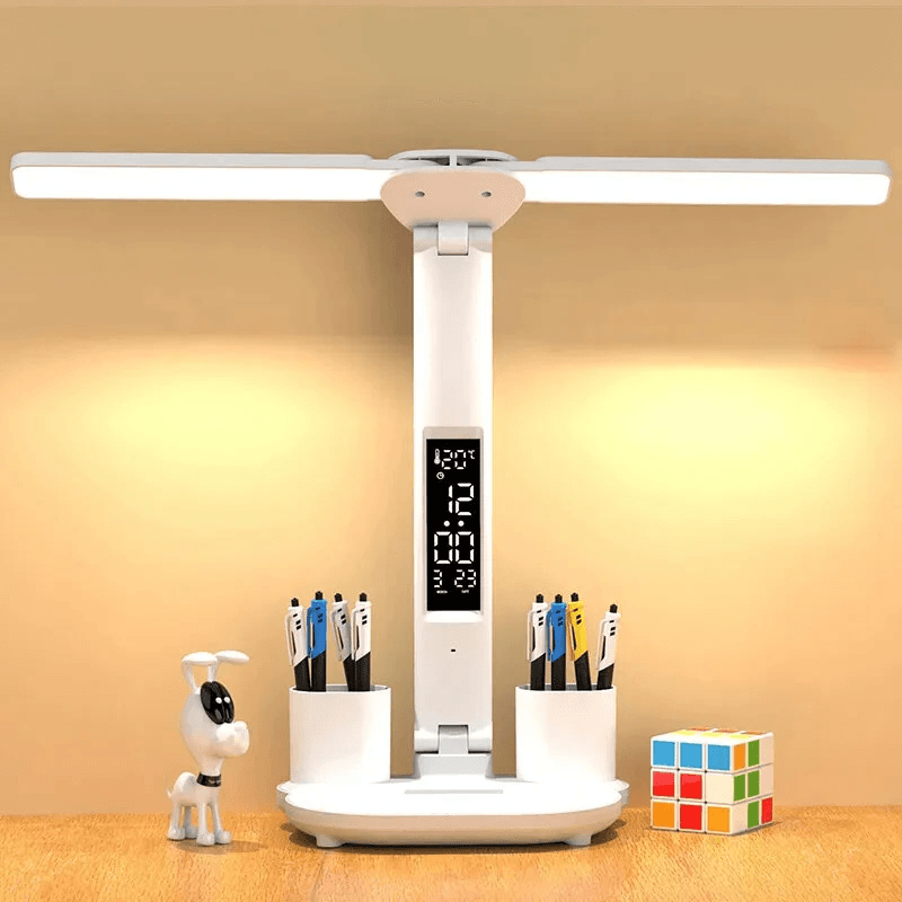 double head led desk lamp with clock temperature display and adjustable brightness