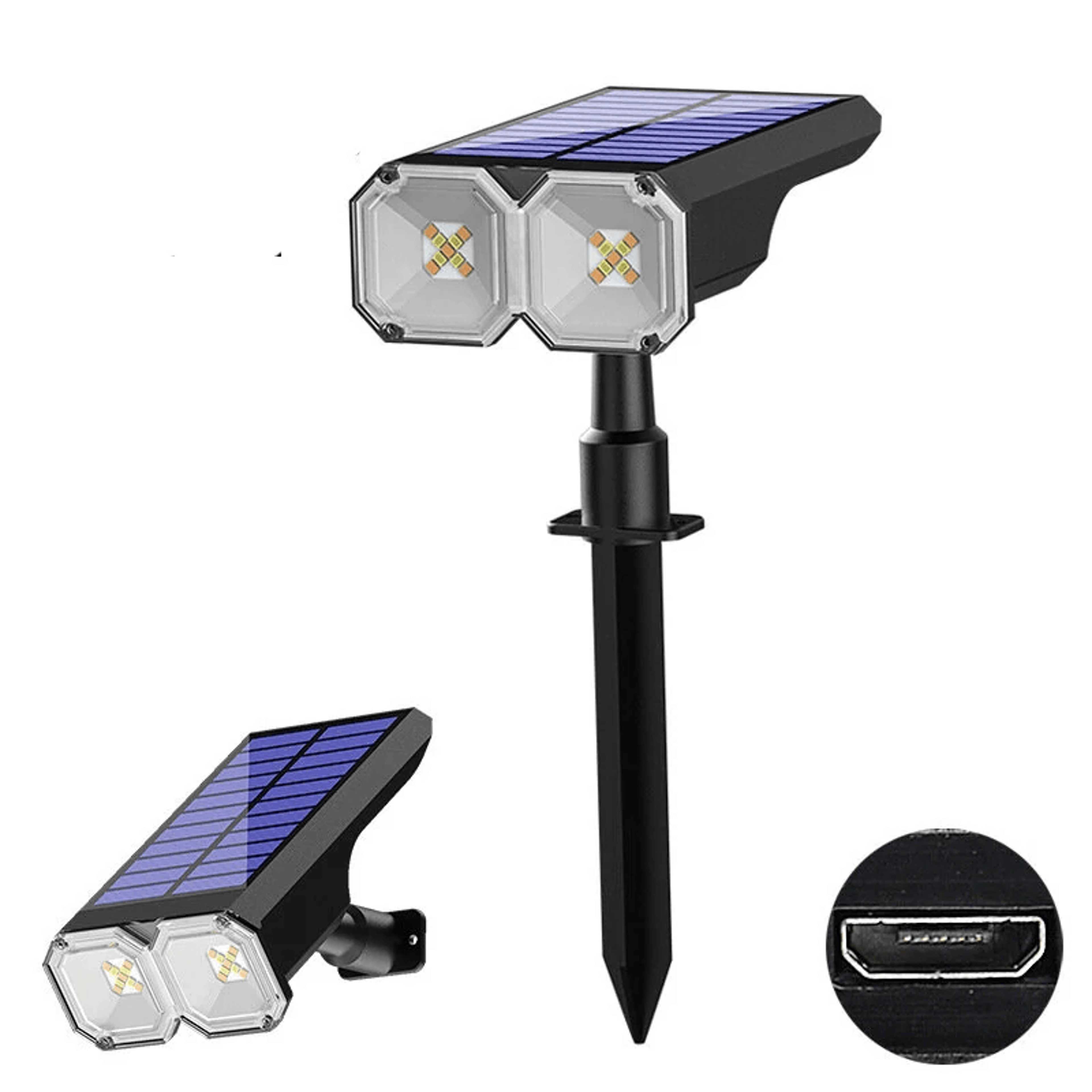 solar spotlight with usb charging dual color led and wall or ground mount