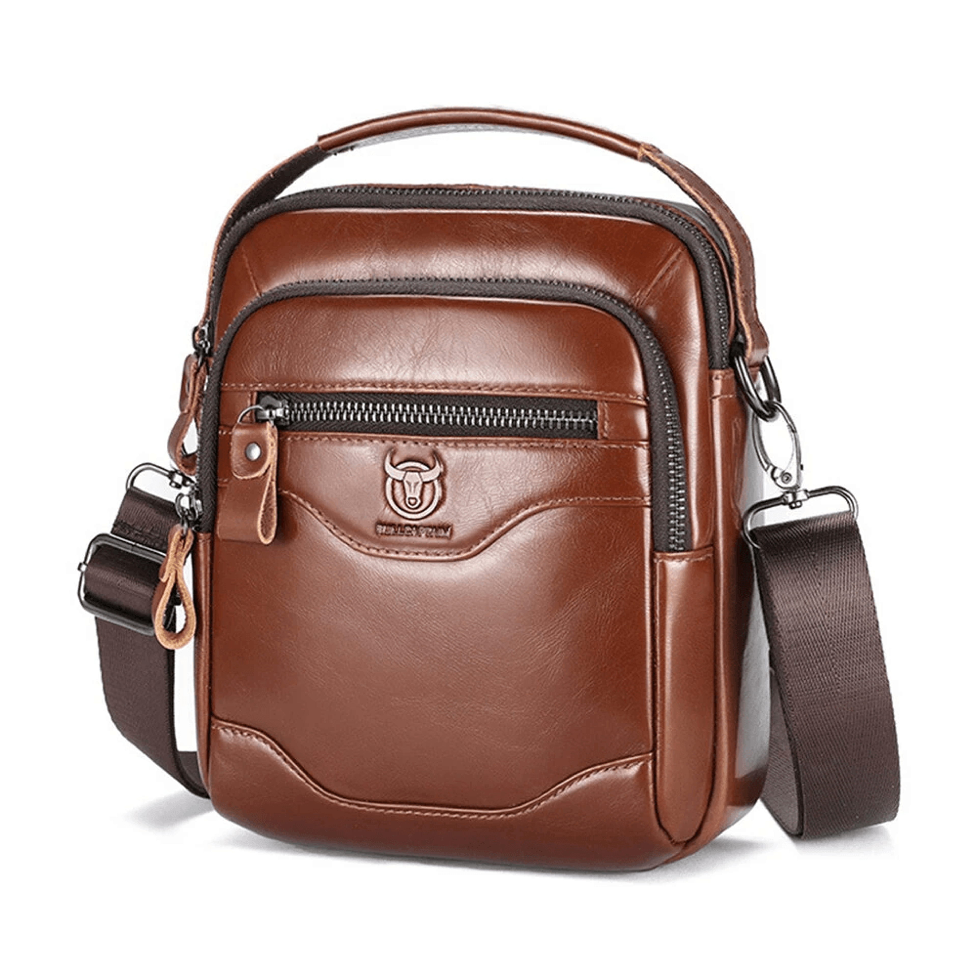cowhide leather men's shoulder bag retro crossbody messenger bag with multiple zipper pockets