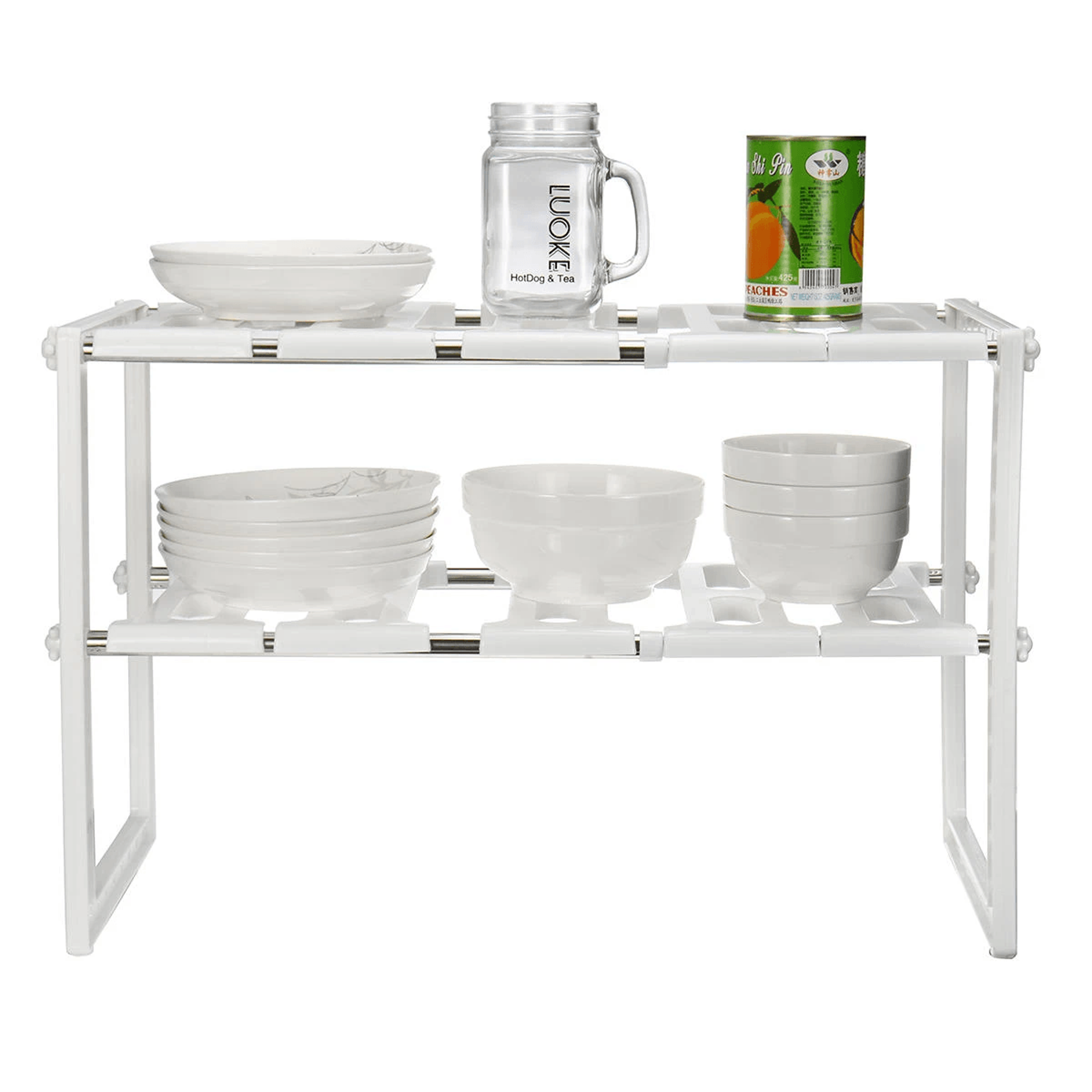 expandable two tier kitchen storage shelf with removable panel