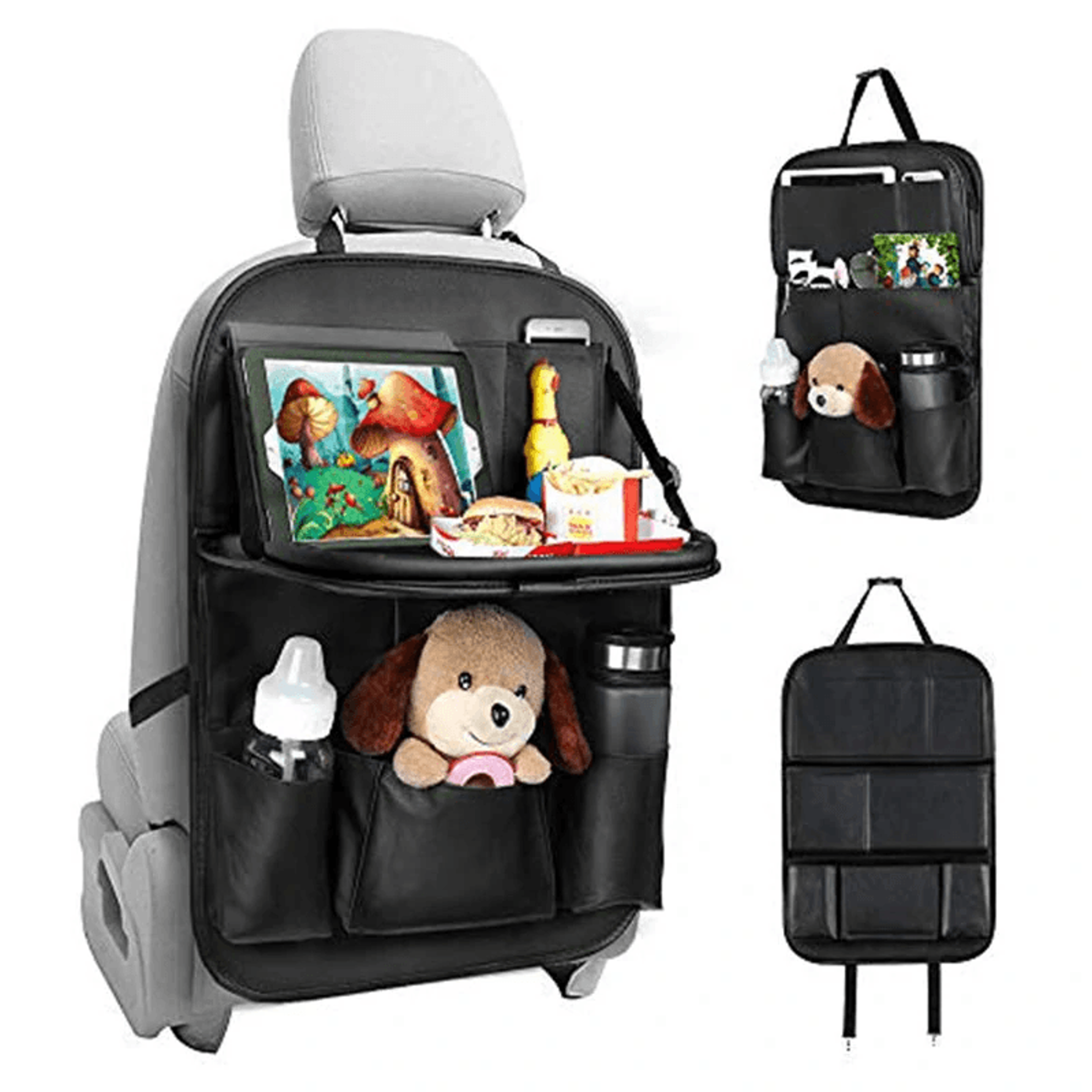 foldable car back seat organizer with tray table and storage pockets