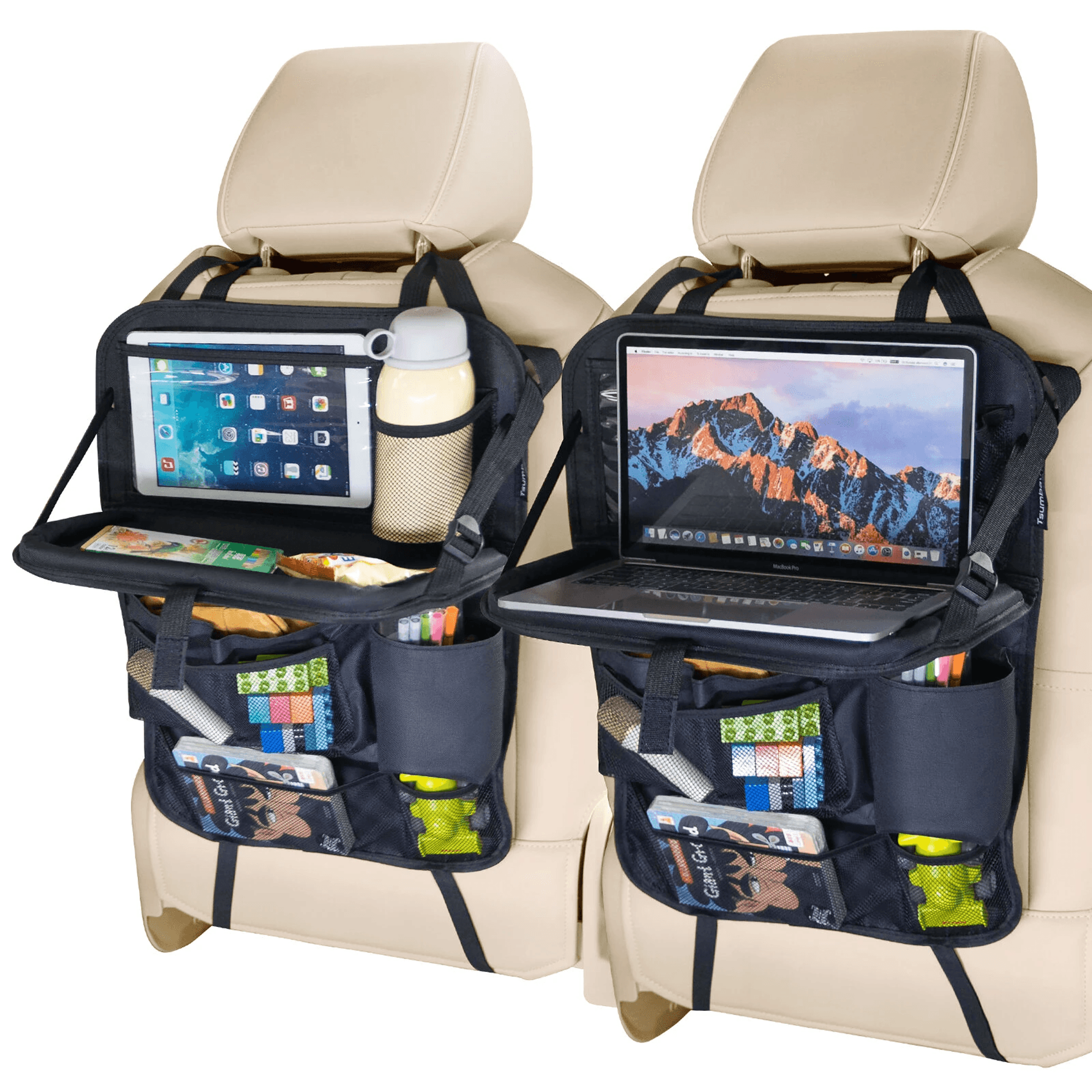 foldable car seat back organizer with tray and storage pockets set