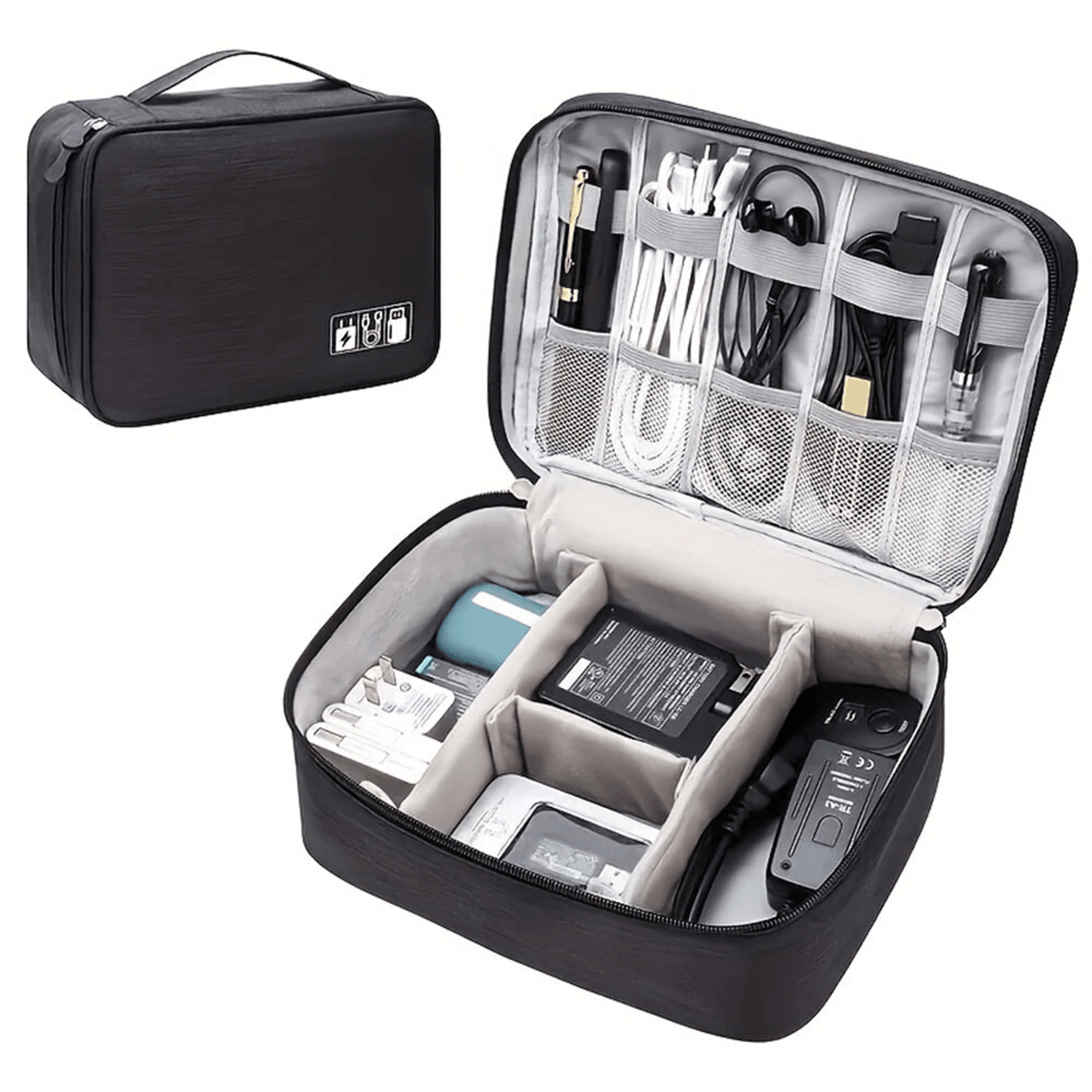 travel electronics organizer bag with zipper and polyester compartments