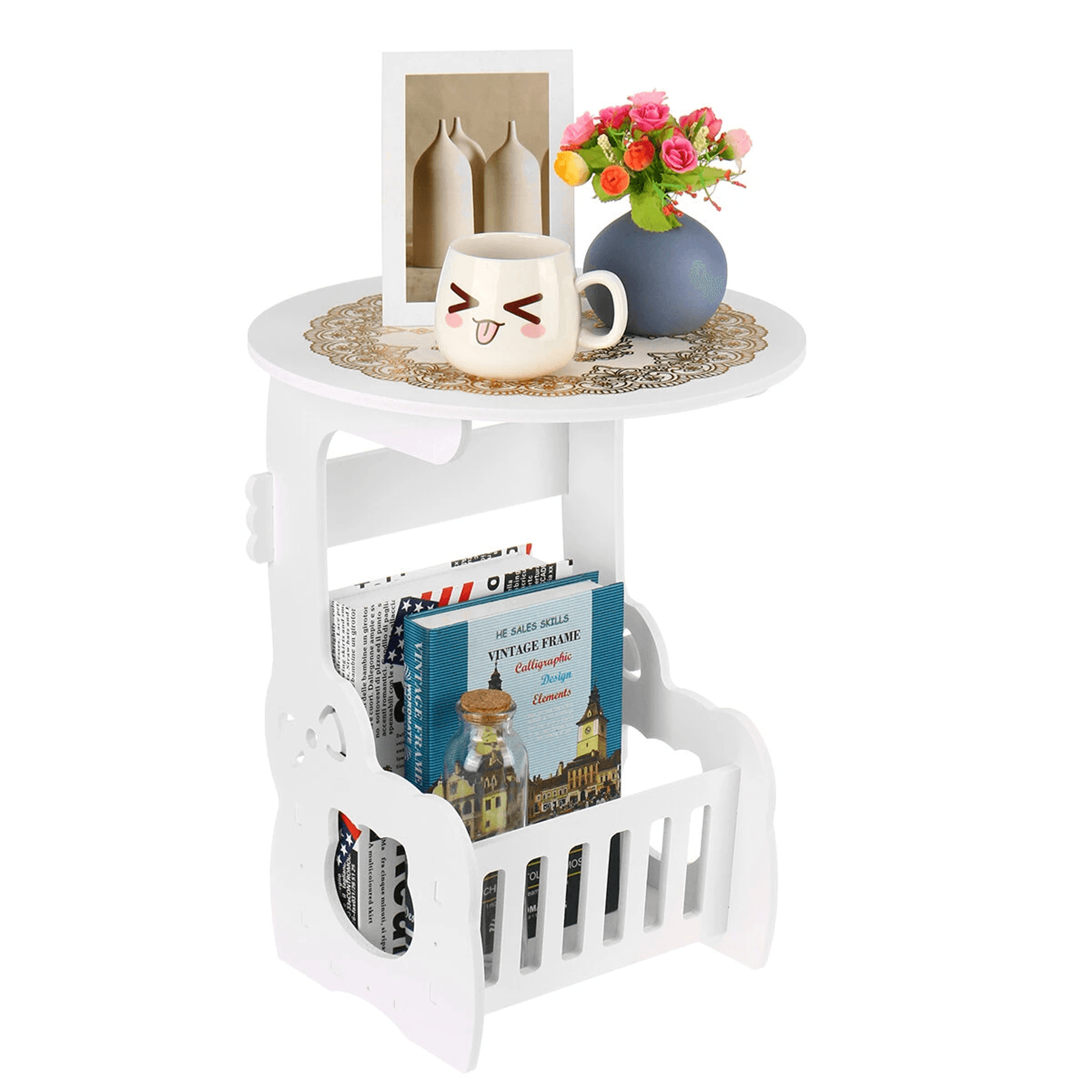 small round side table with storage rack for bedroom balcony home office