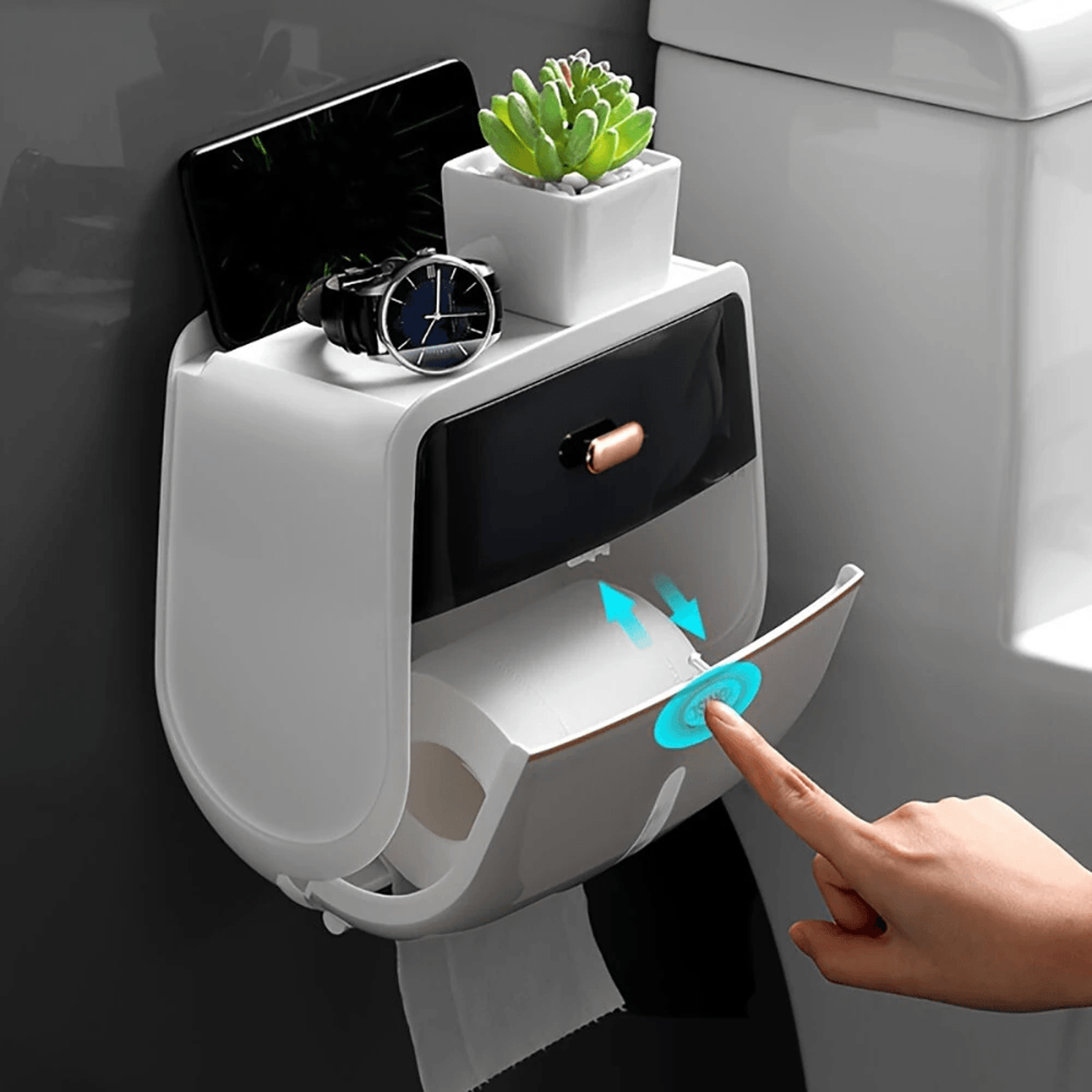 wall mount double layer toilet paper holder with storage shelf and drawer