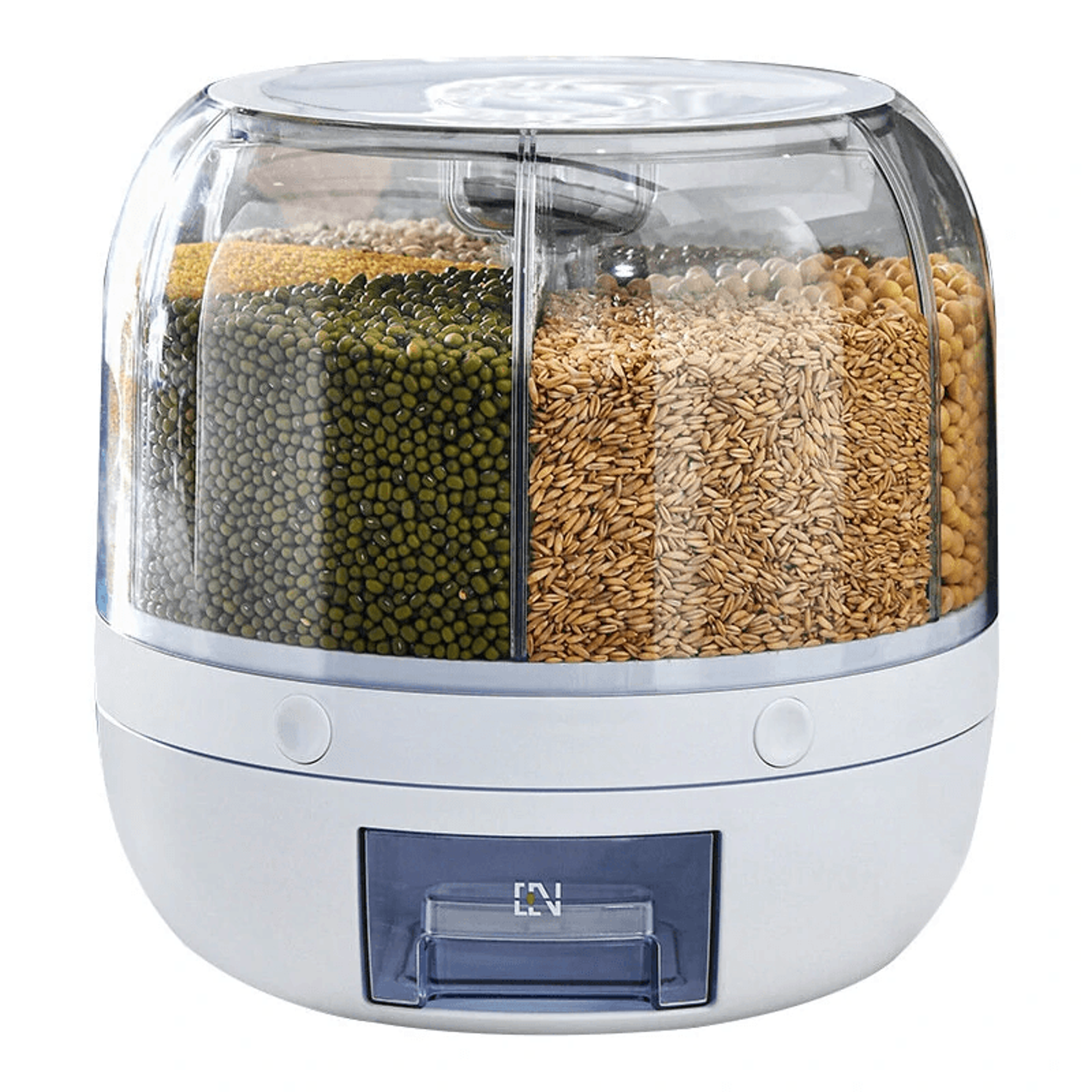 grid rotating grain rice storage container dispenser with one touch dispensing