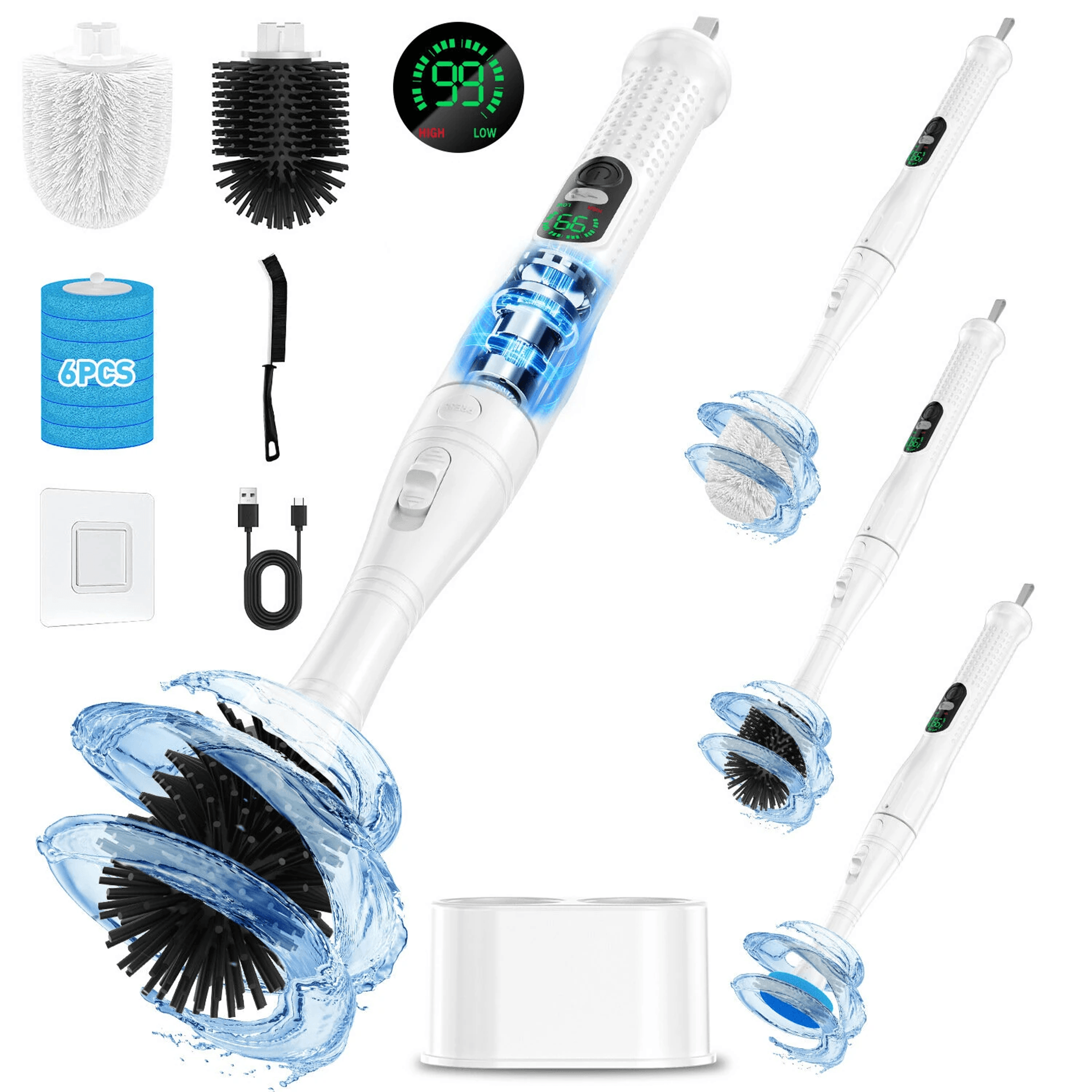 rechargeable electric spin scrubber with degree rotation led display and interchangeable brush heads