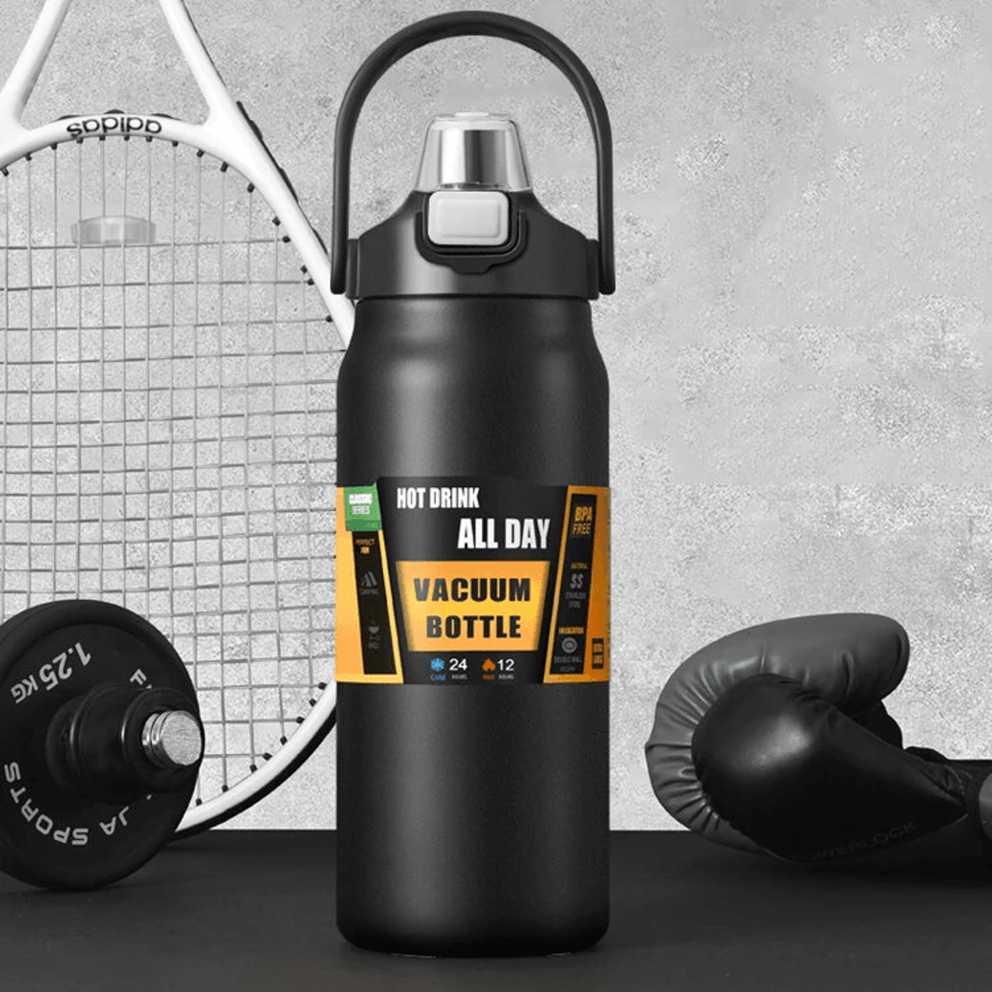 large capacity stainless steel thermos bottle with straw and phone holder handle