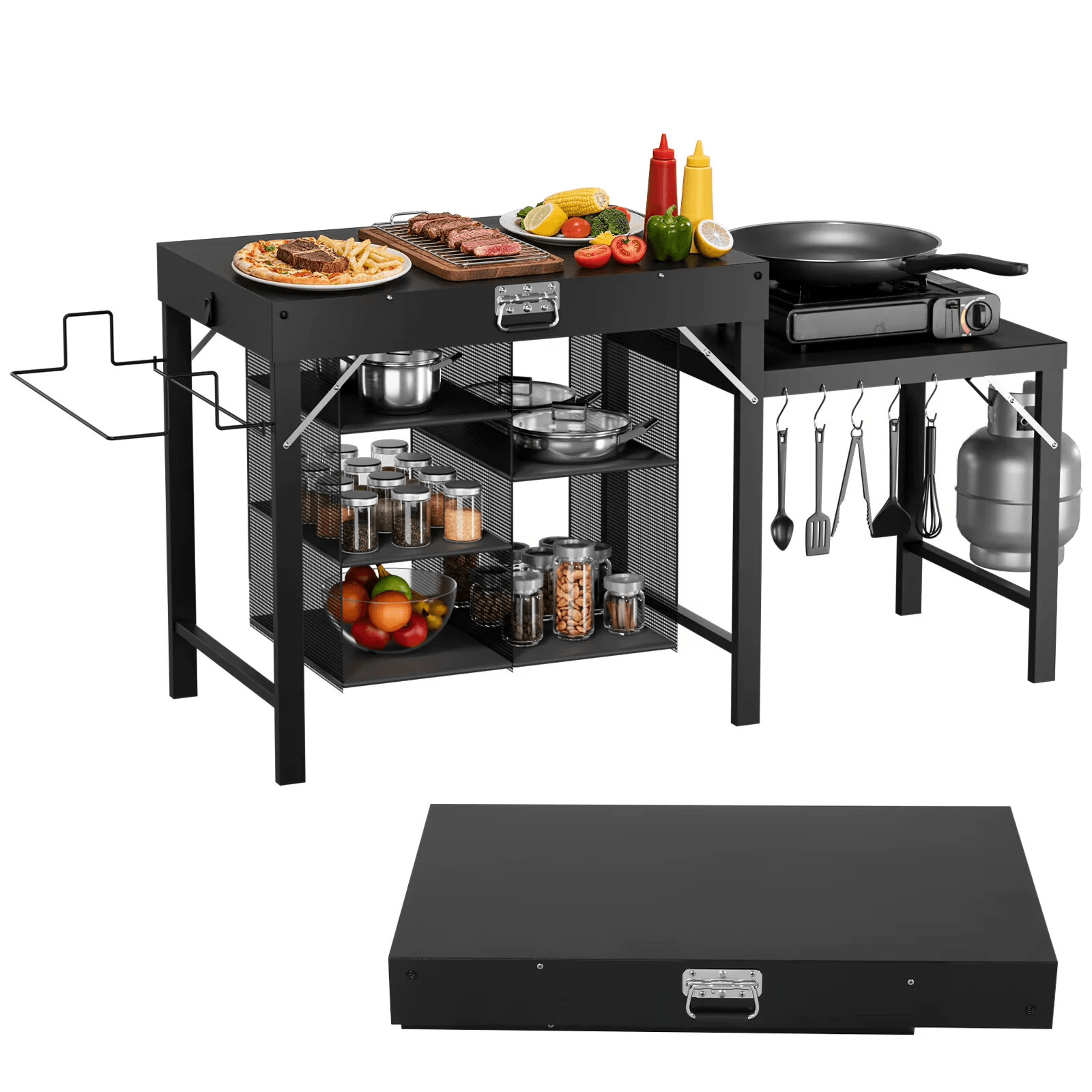 foldable camping cooking station and portable grill table with capacity