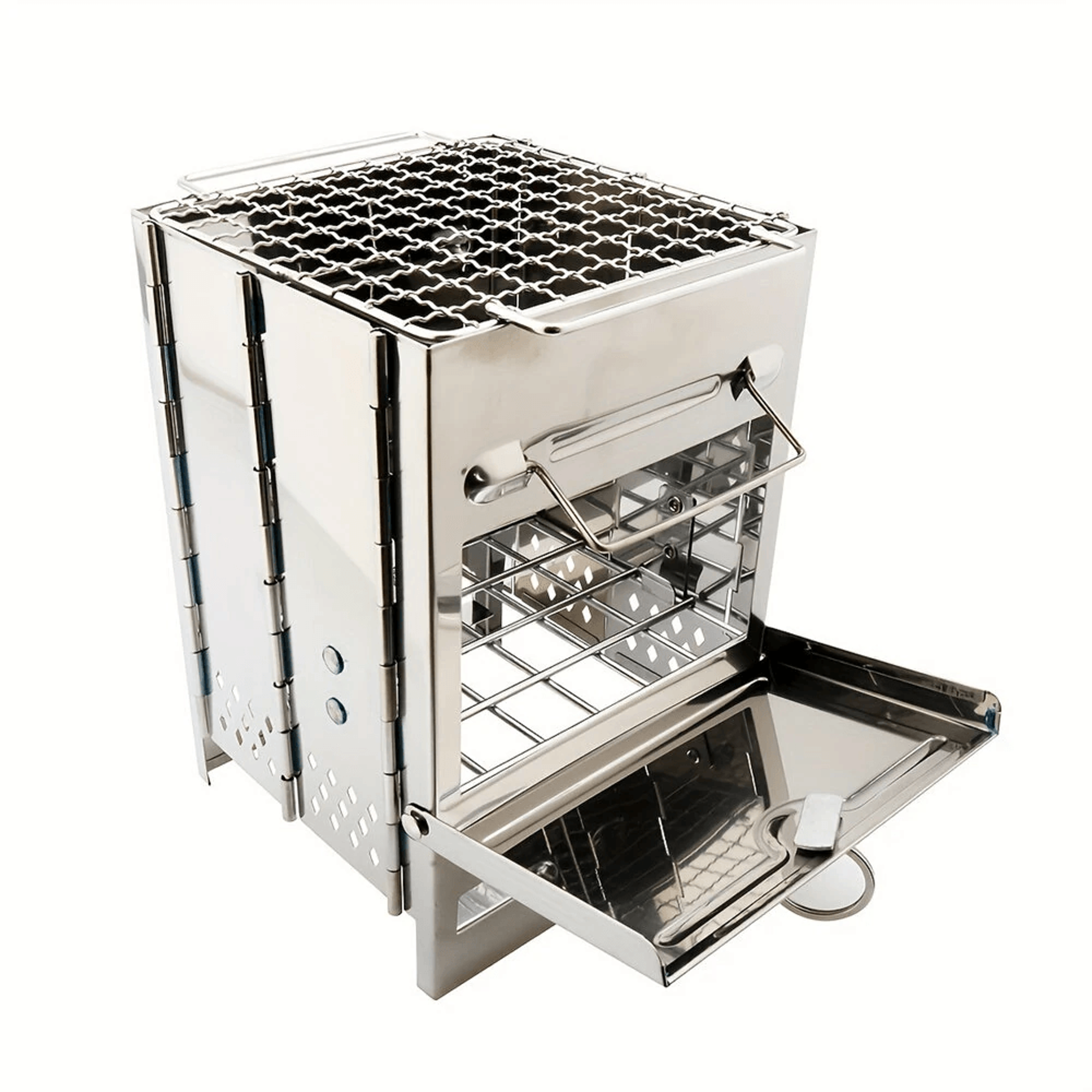 stainless steel portable camping wood stove and mini bbq grill with carry bag