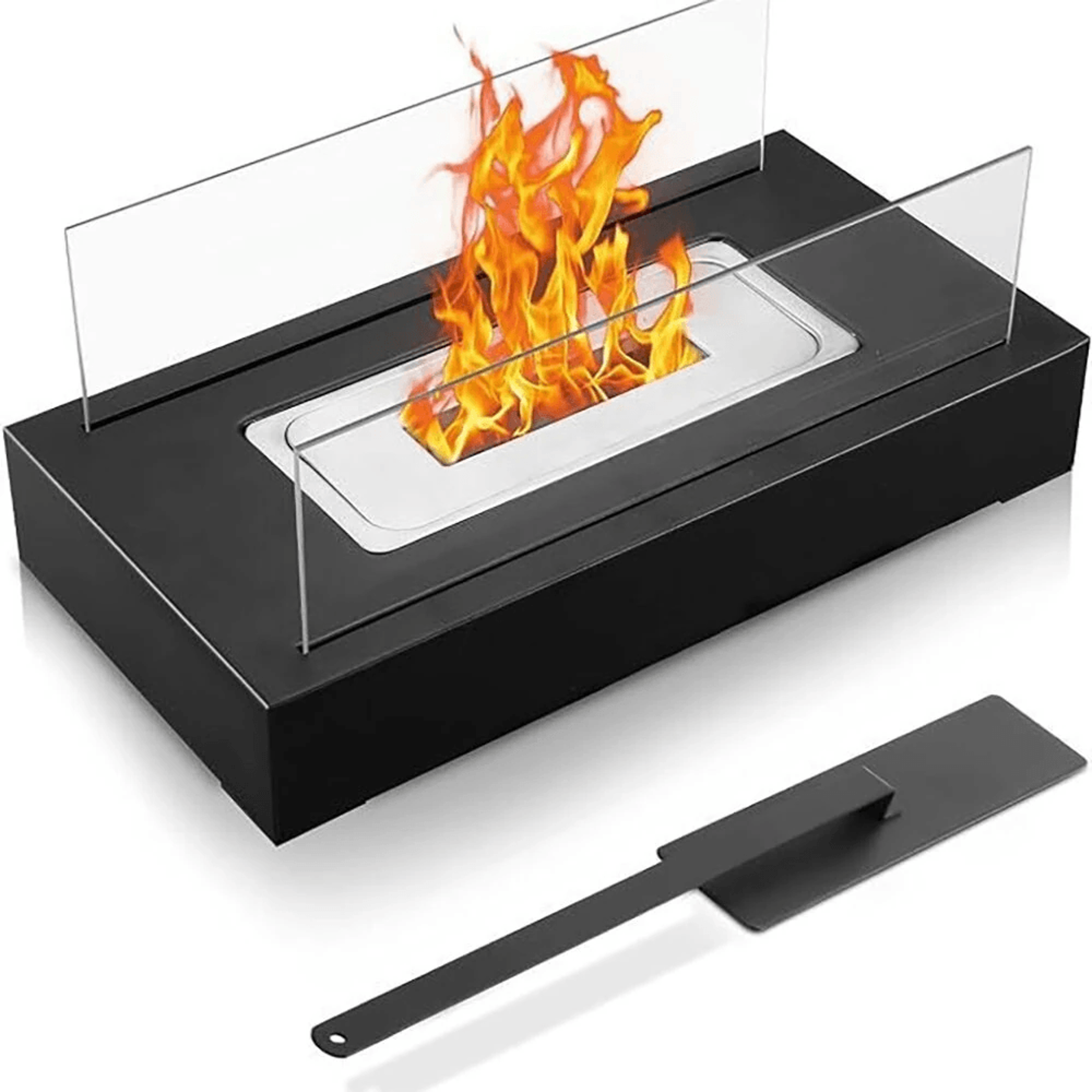 black portable tabletop fireplace lamp with tempered glass cover