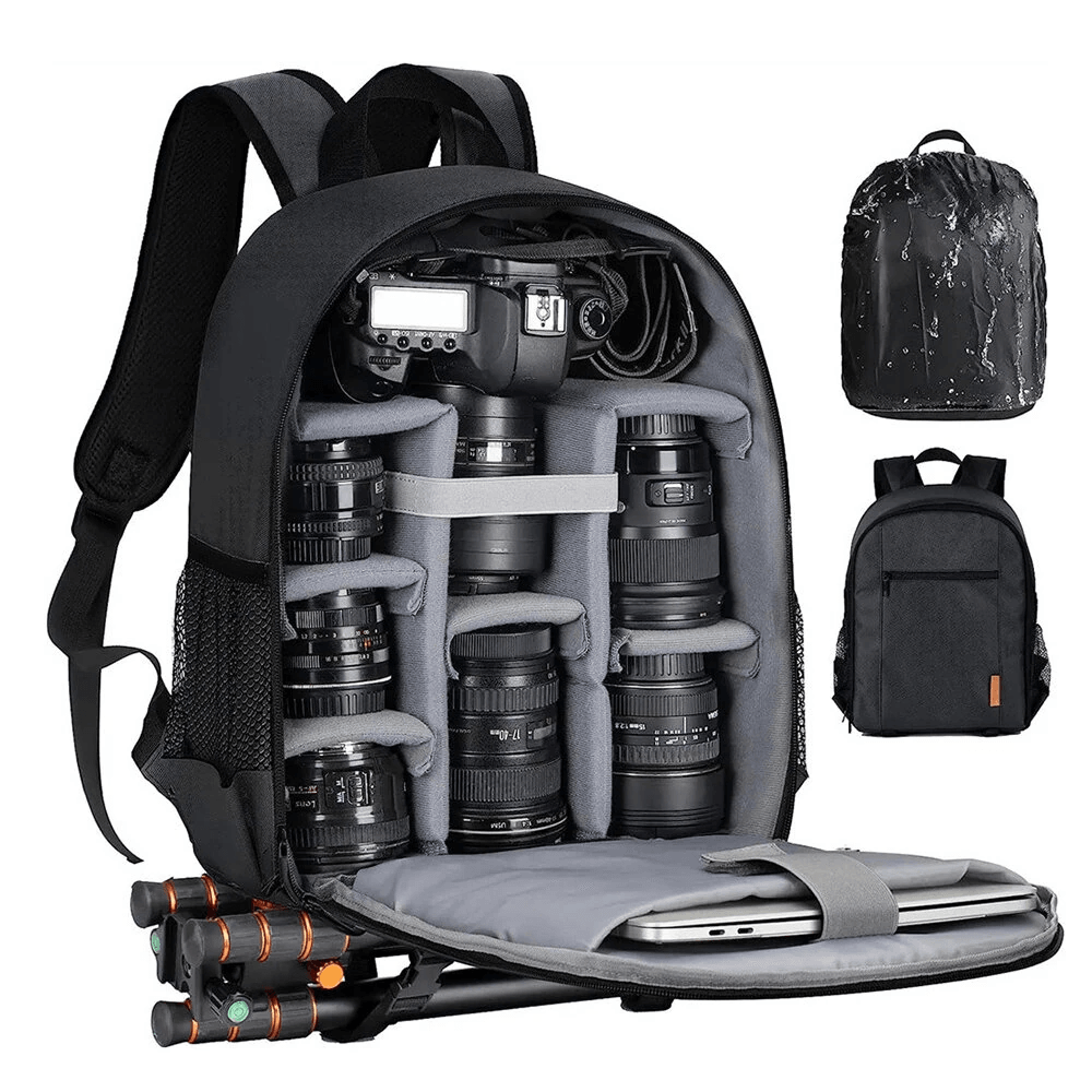 waterproof camera backpack with laptop compartment and rain cover black