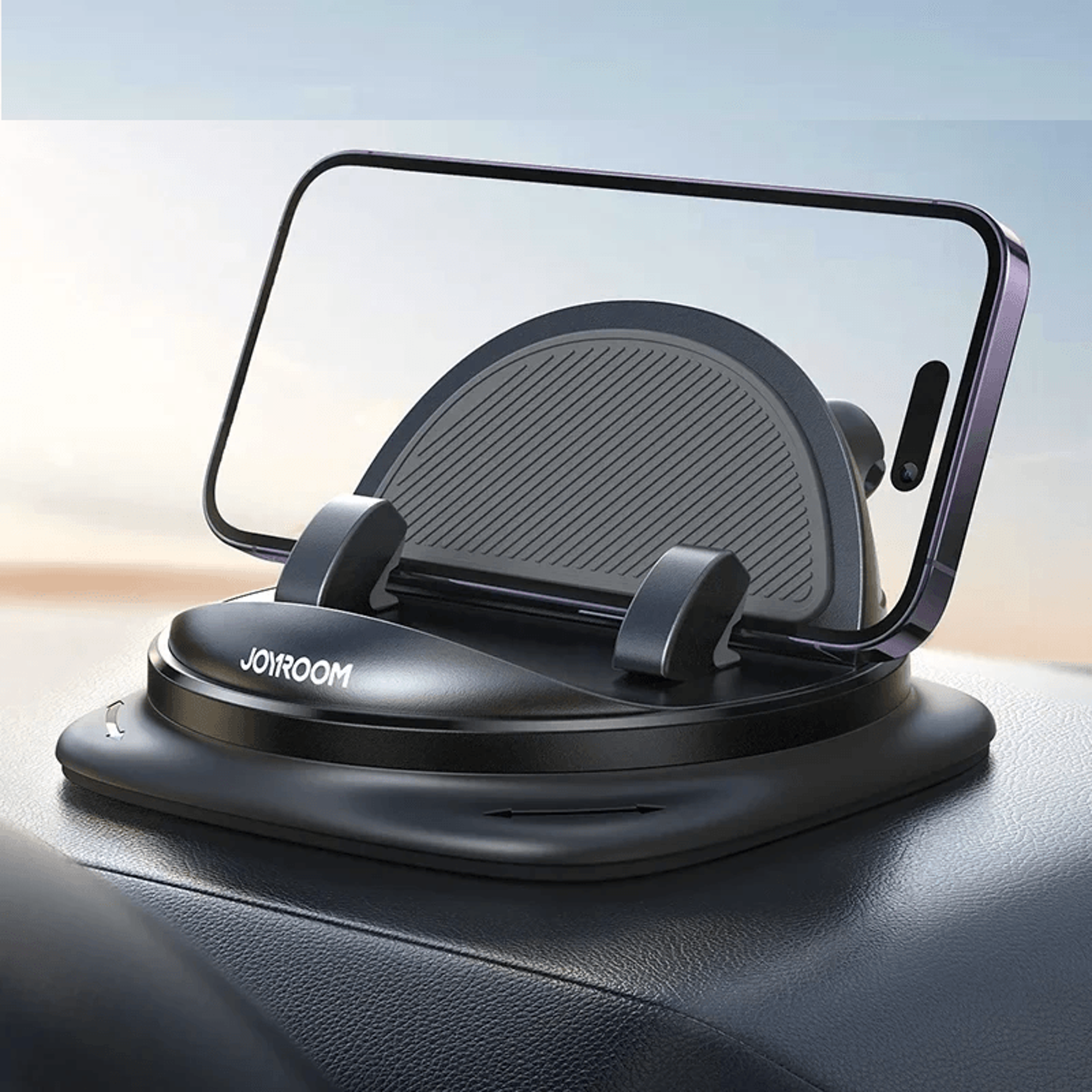 universal dashboard car phone holder with rotation and one handed operation
