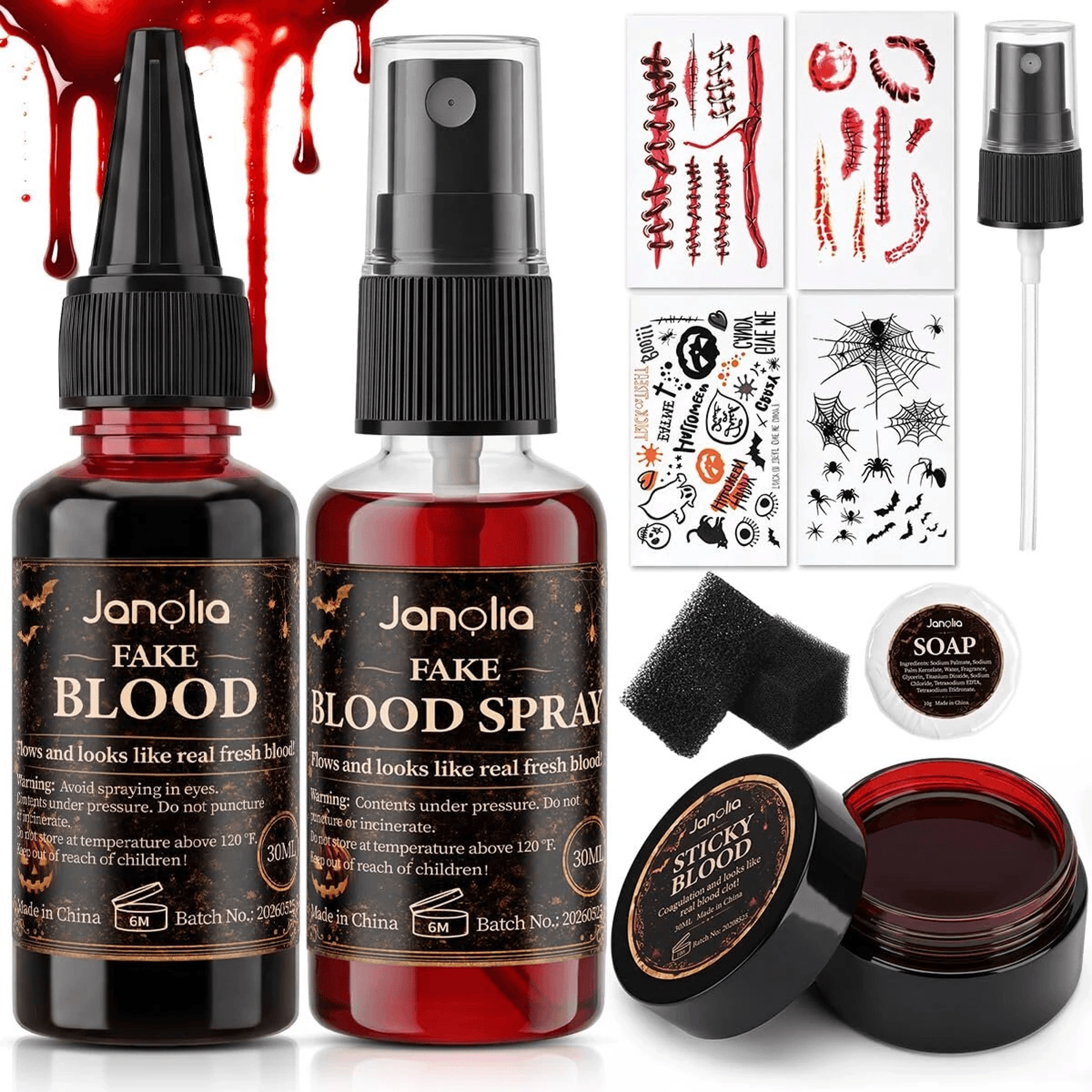 halloween sfx makeup kit with fake blood wound tattoos stipple sponges and cleansing soap