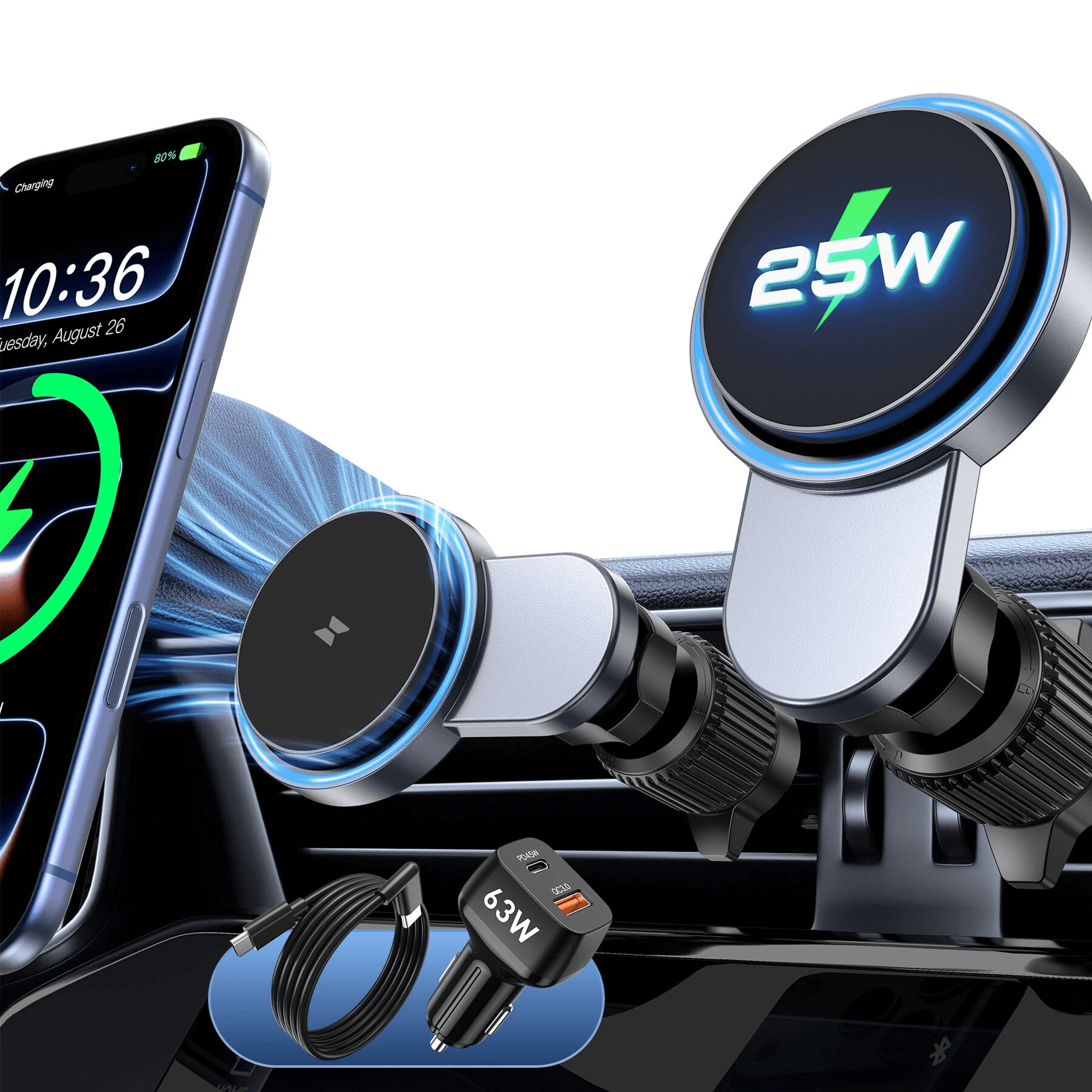 magnetic wireless car charger mount with cooling fan and adapter