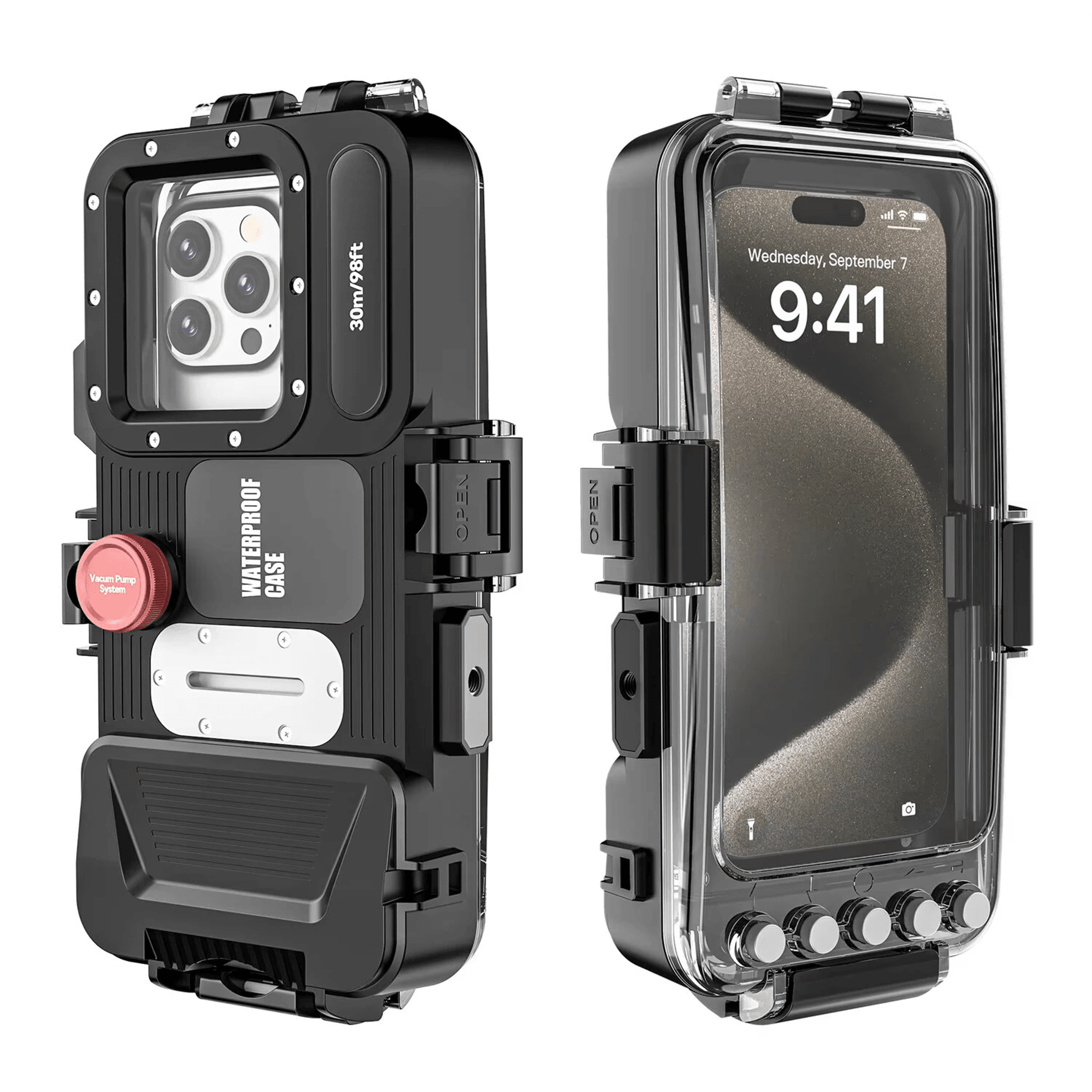 waterproof diving phone case with physical camera buttons and vacuum pump