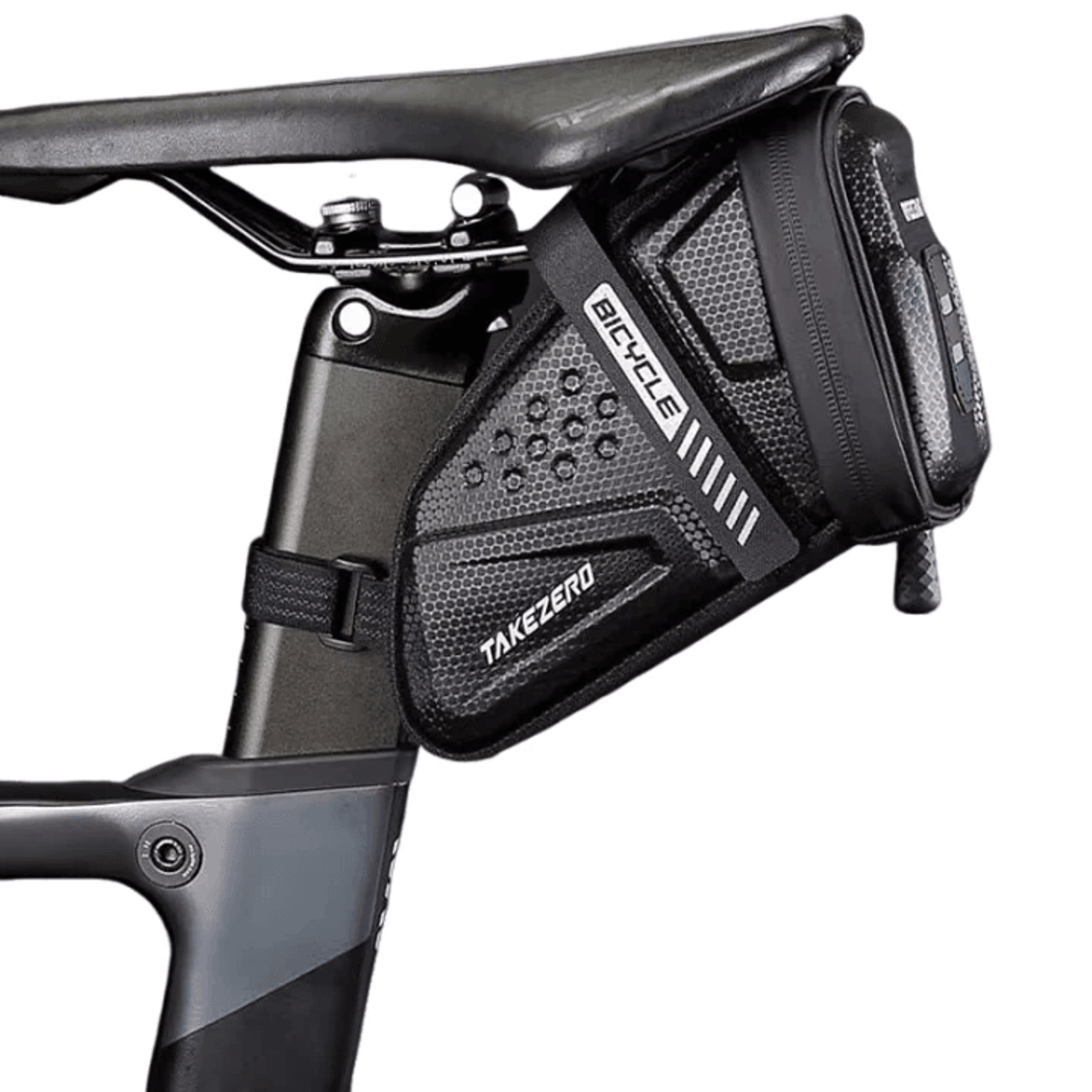 hard shell bike saddle bag with reflective details and tail light strap