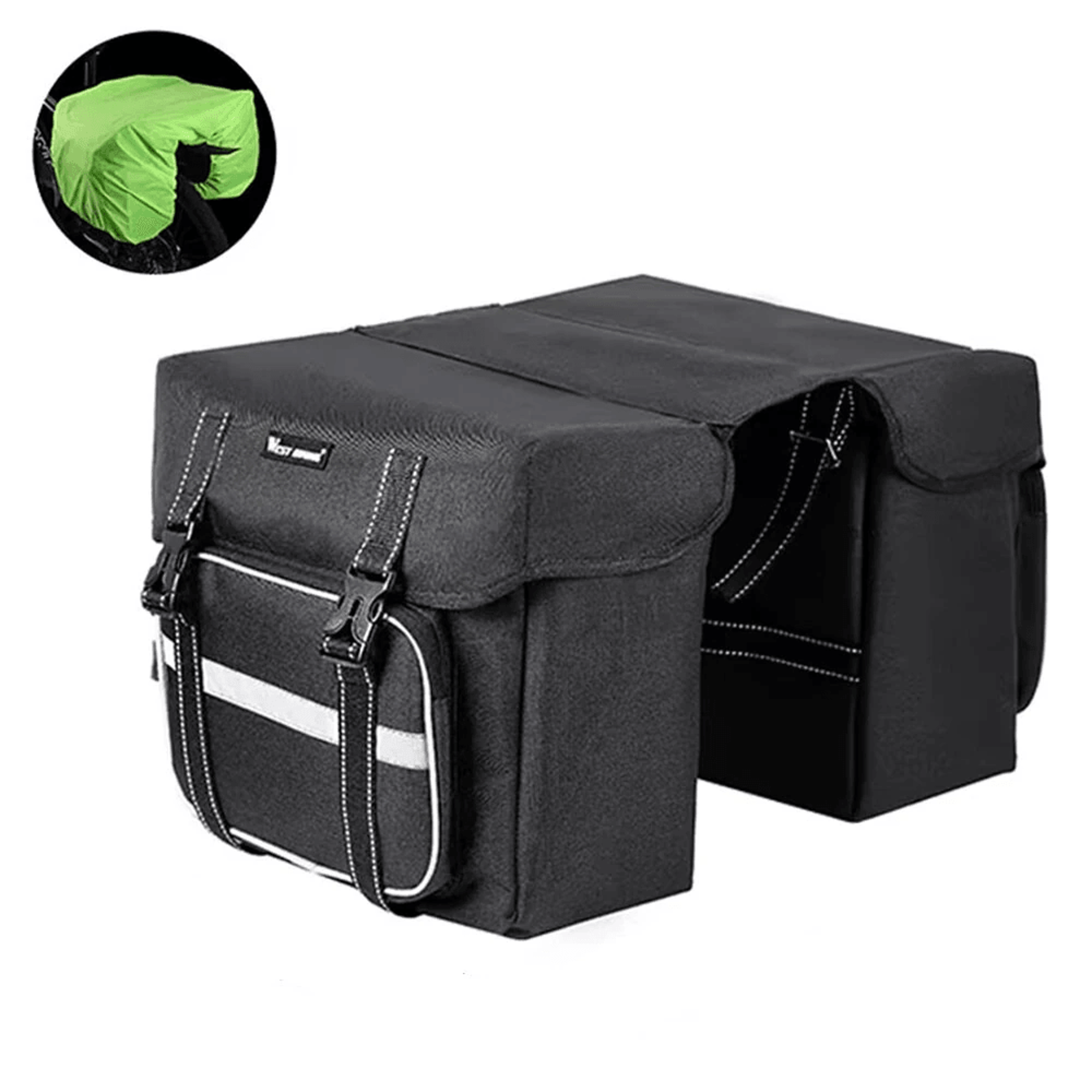 double bicycle pannier bag with rain cover and side pockets
