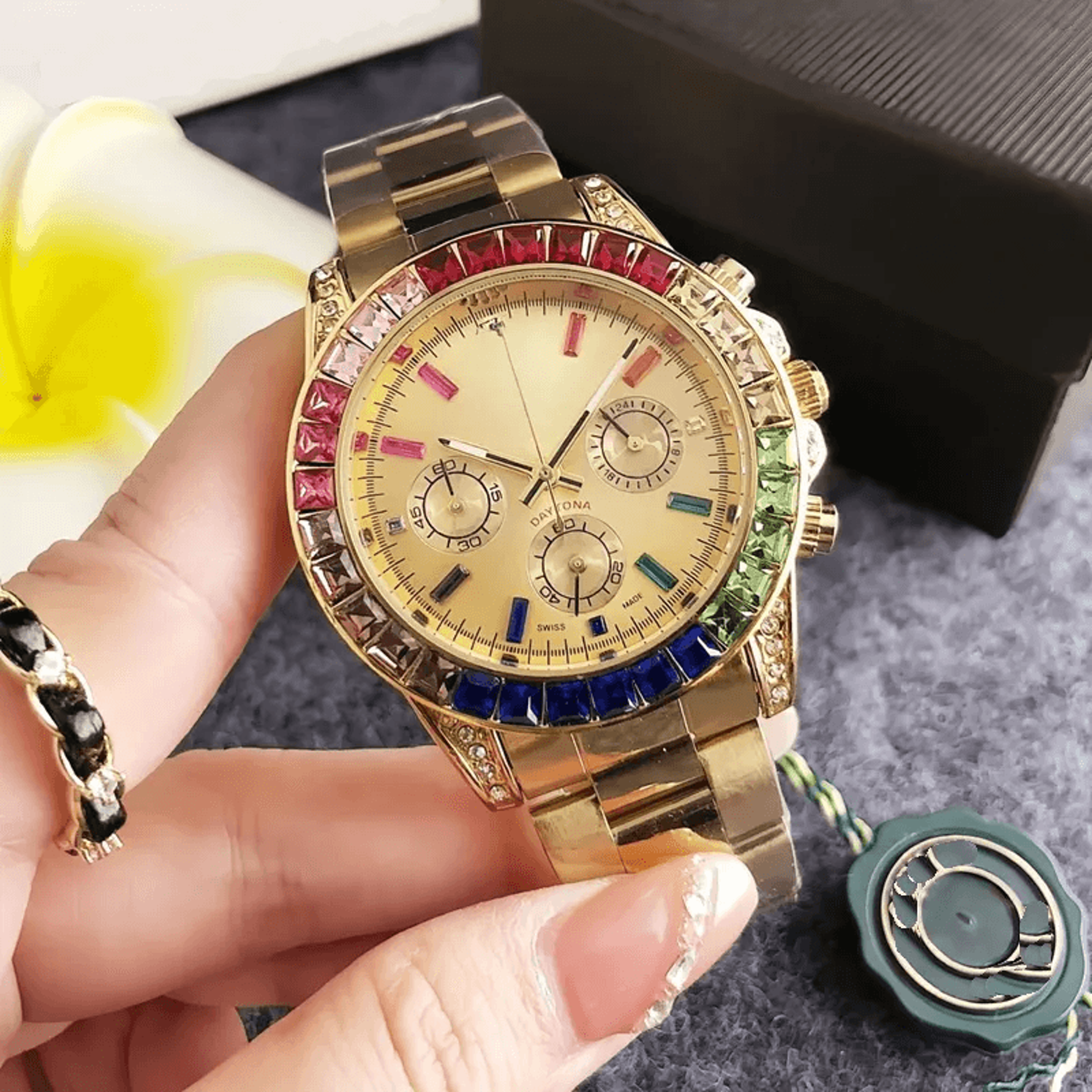 mens quartz chronograph watch with diamond accents and stainless steel band