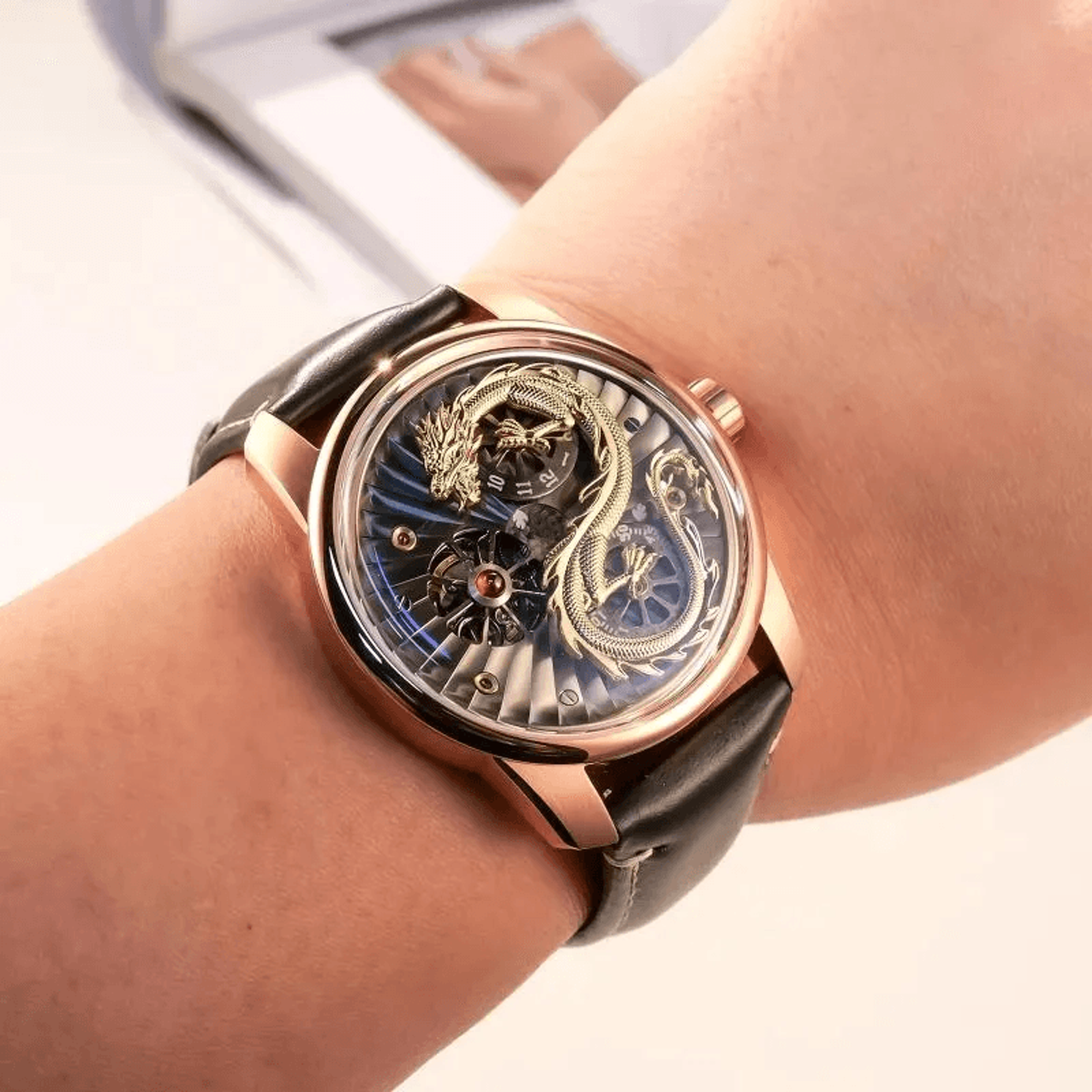 mens dragon quartz watch with luminous dial and red leather strap