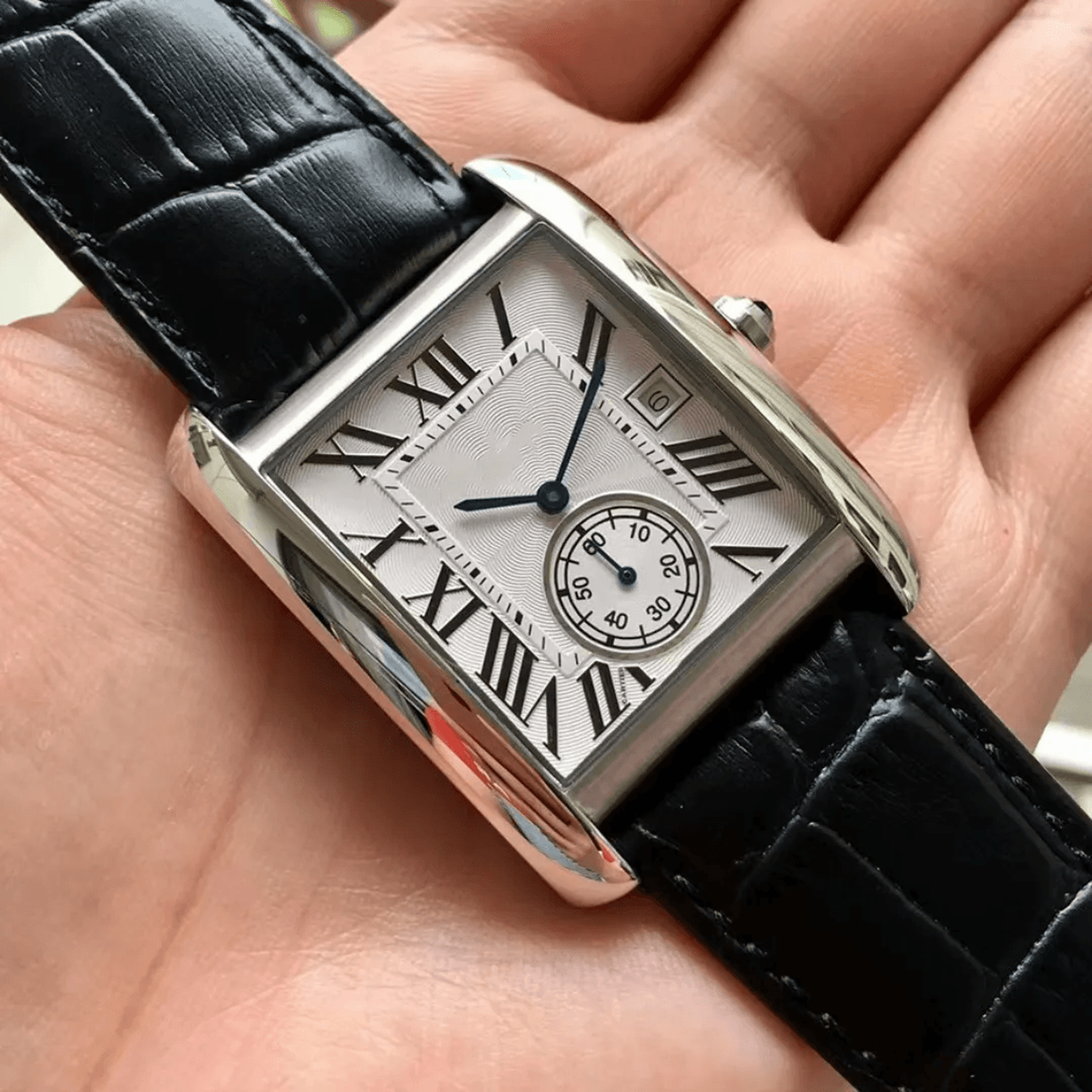 mens automatic mechanical watch with rectangular dial and black leather strap