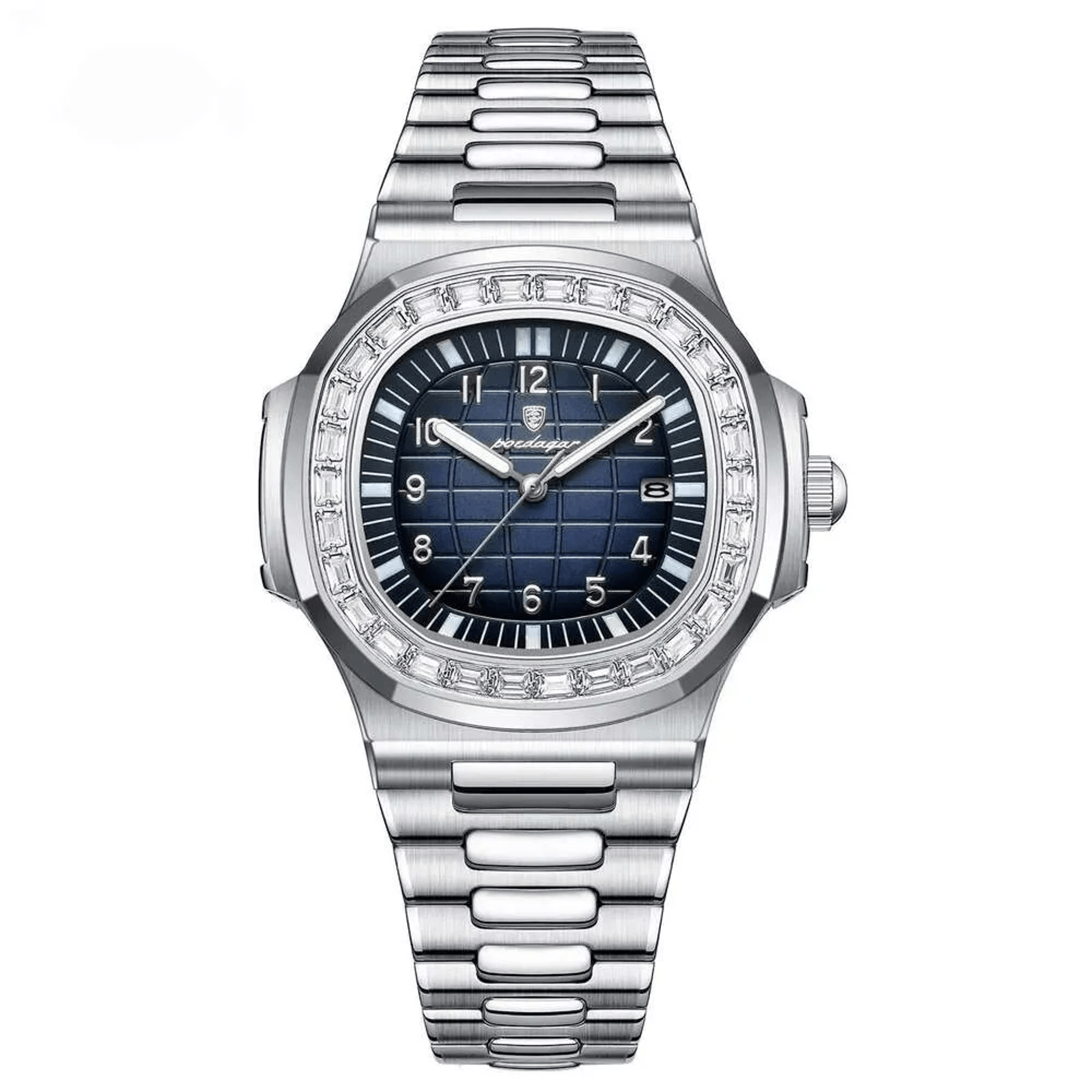mens square quartz watch with luminous hands and silver stainless steel band
