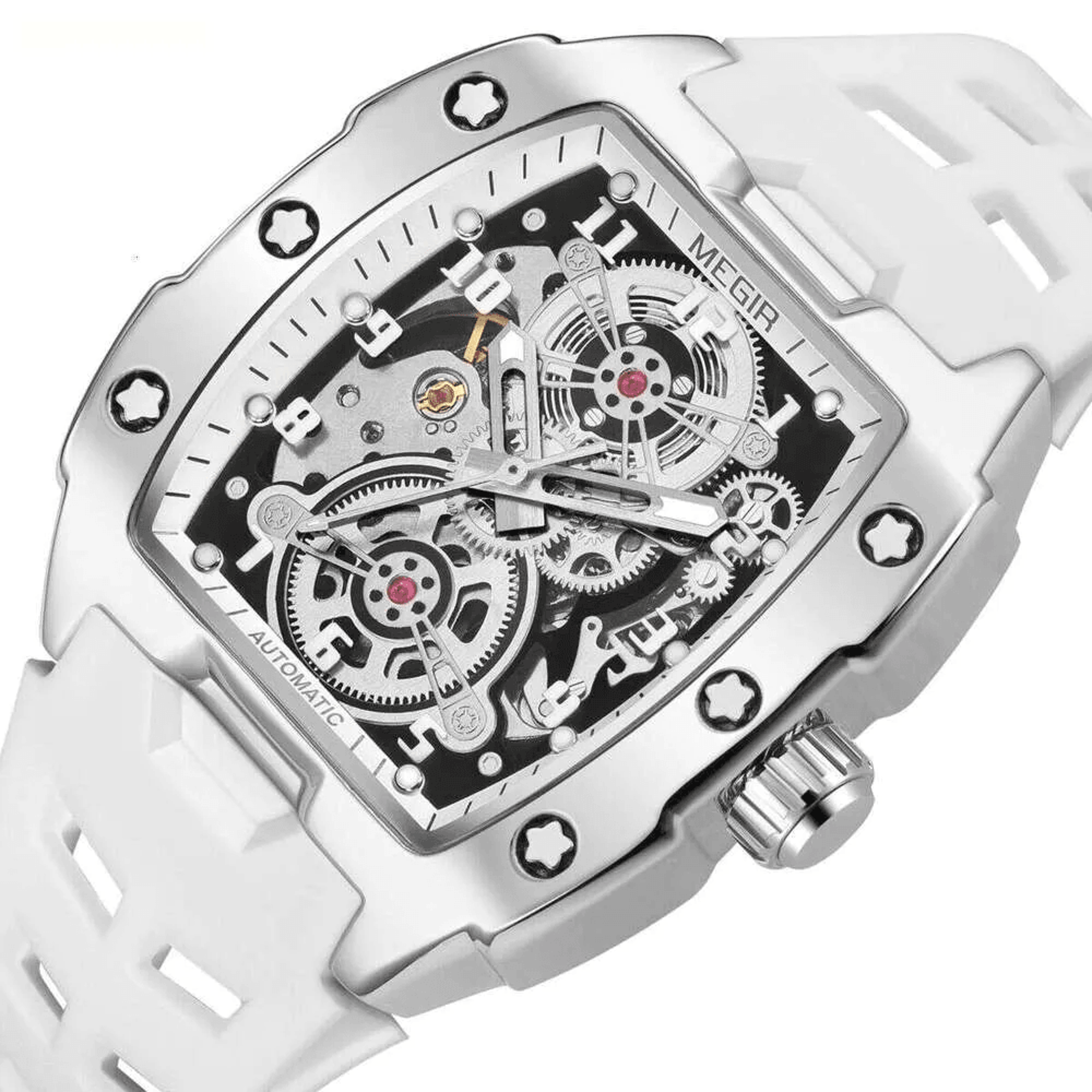 mens automatic skeleton watch with luminous hands and silicone strap