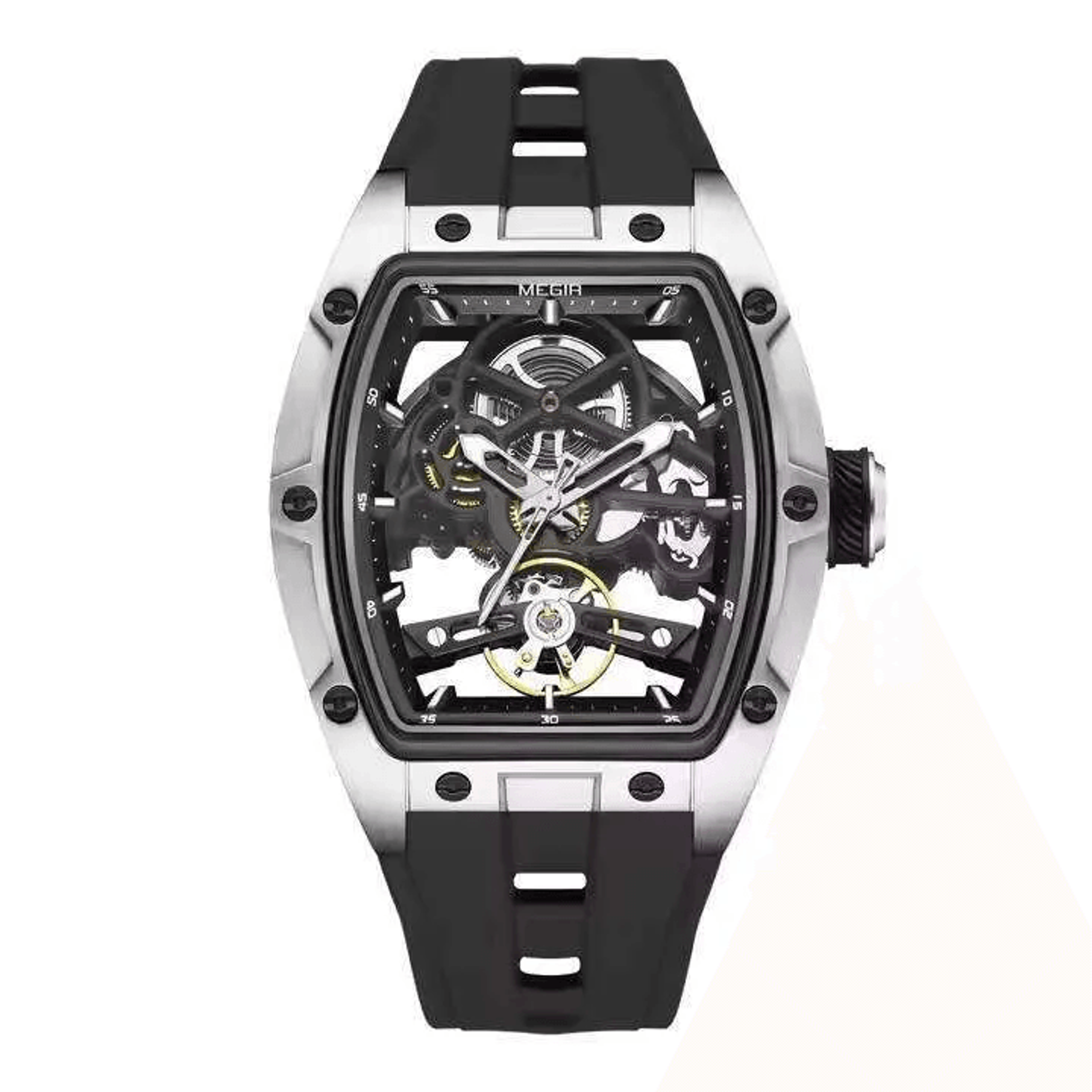 automatic skeleton watch with luminous hands and silicone strap