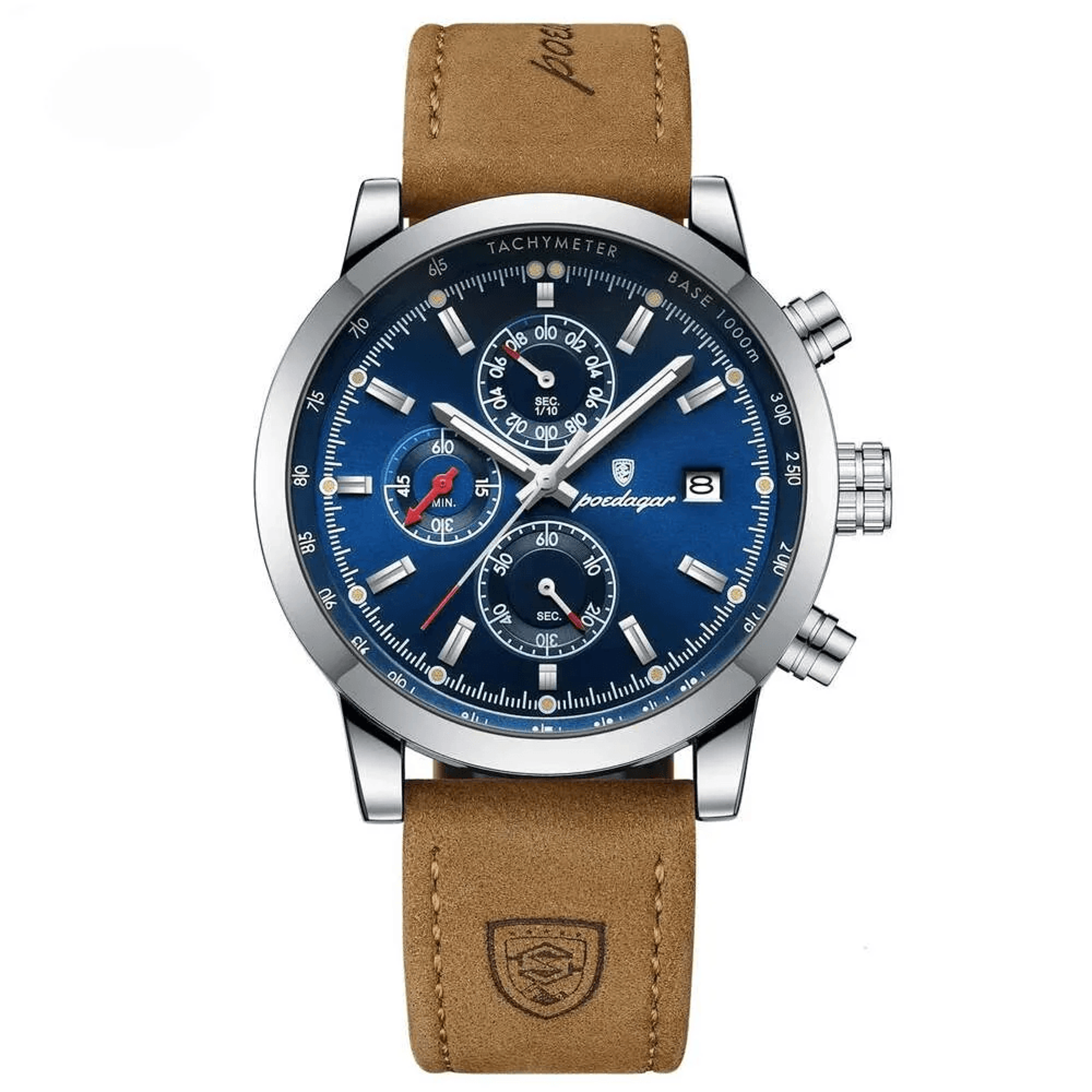 mens chronograph watch with leather strap and tachymeter
