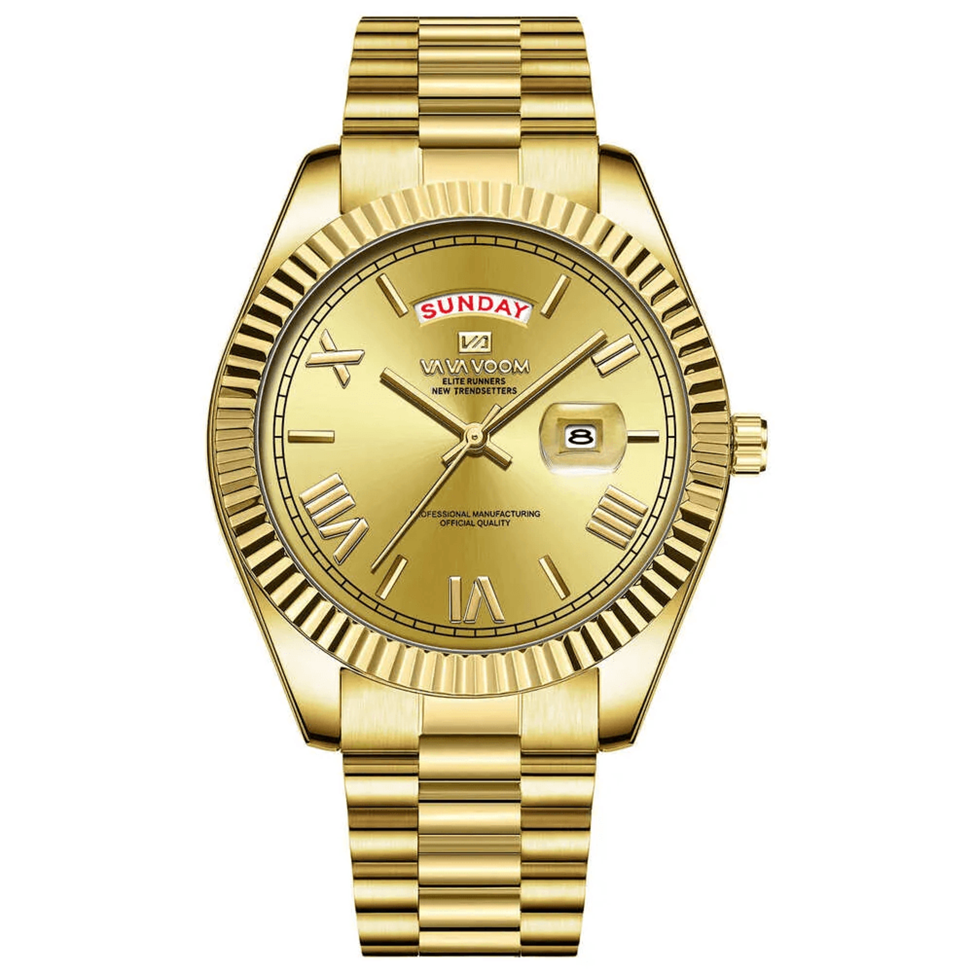 mens gold tone quartz watch with case and calendar