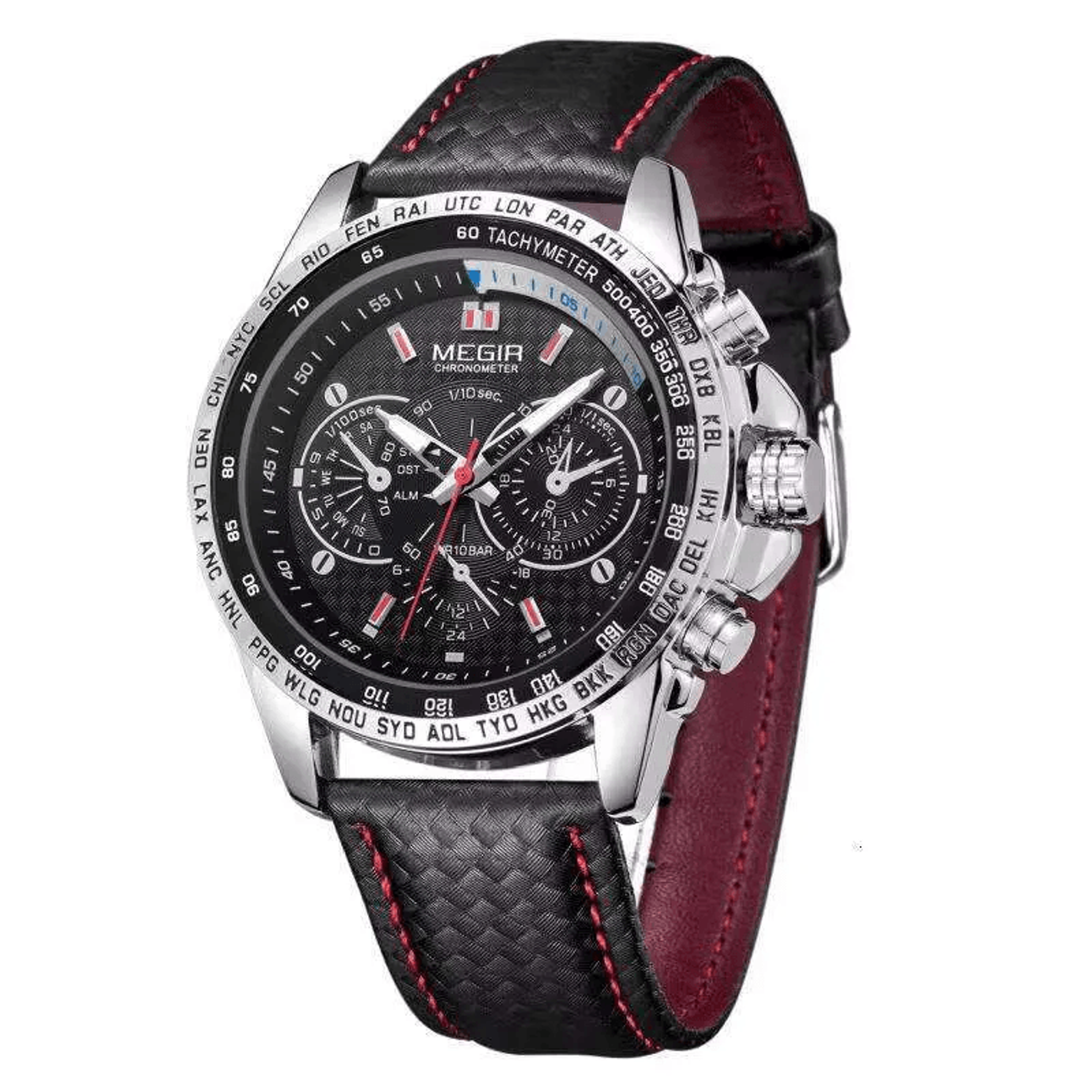 mens sports quartz watch with luminous hand dial and leather strap