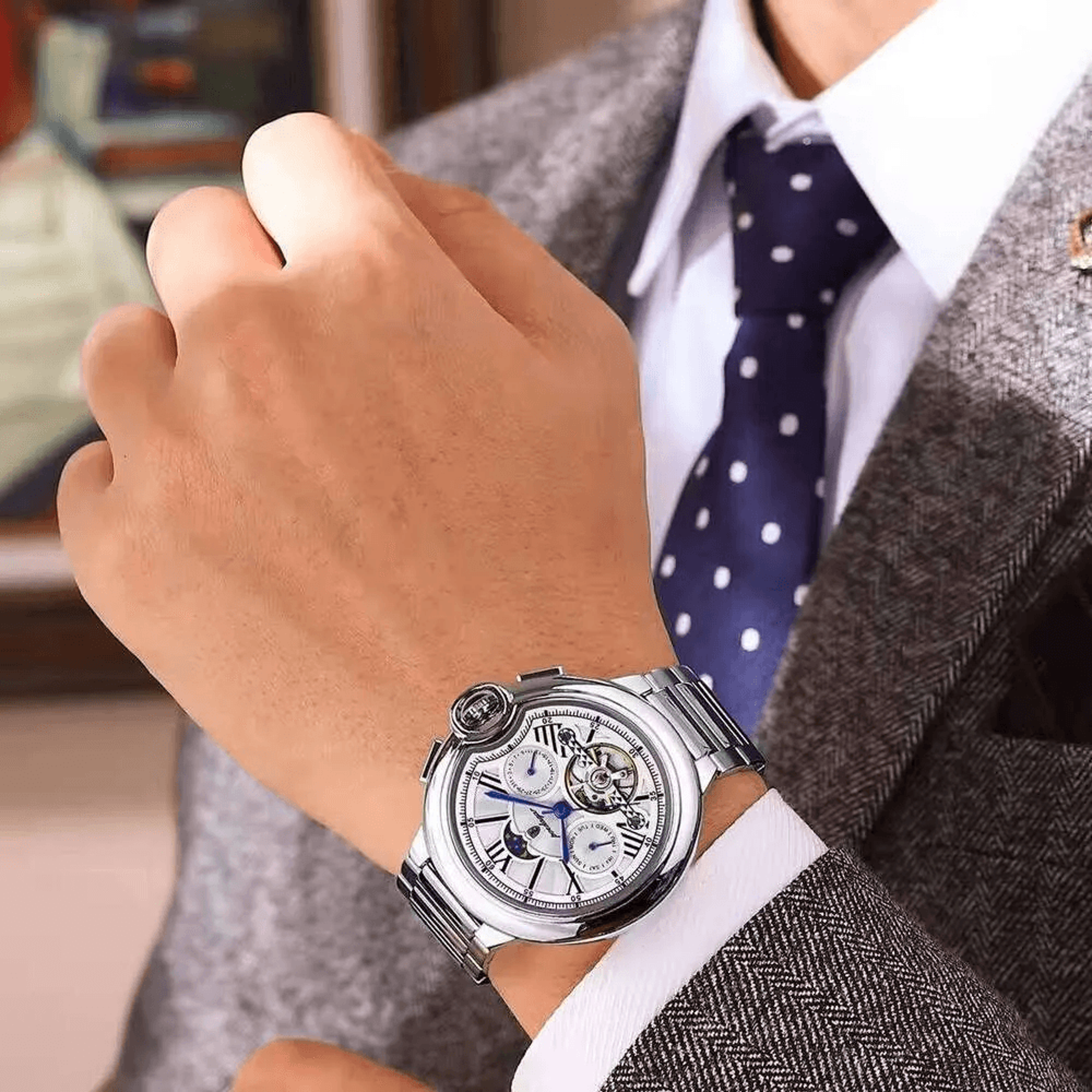 mens skeleton tourbillon automatic mechanical watch with stainless steel band