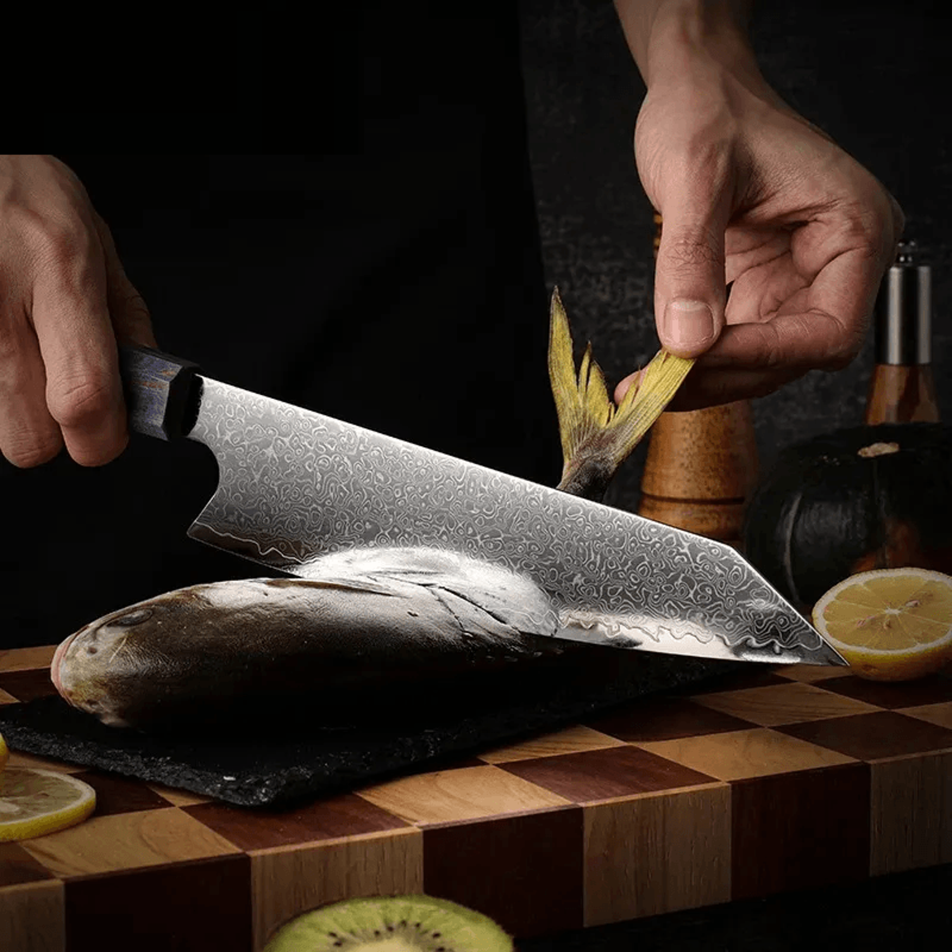 damascus steel kiritsuke chef knife with purple handle for precision cutting