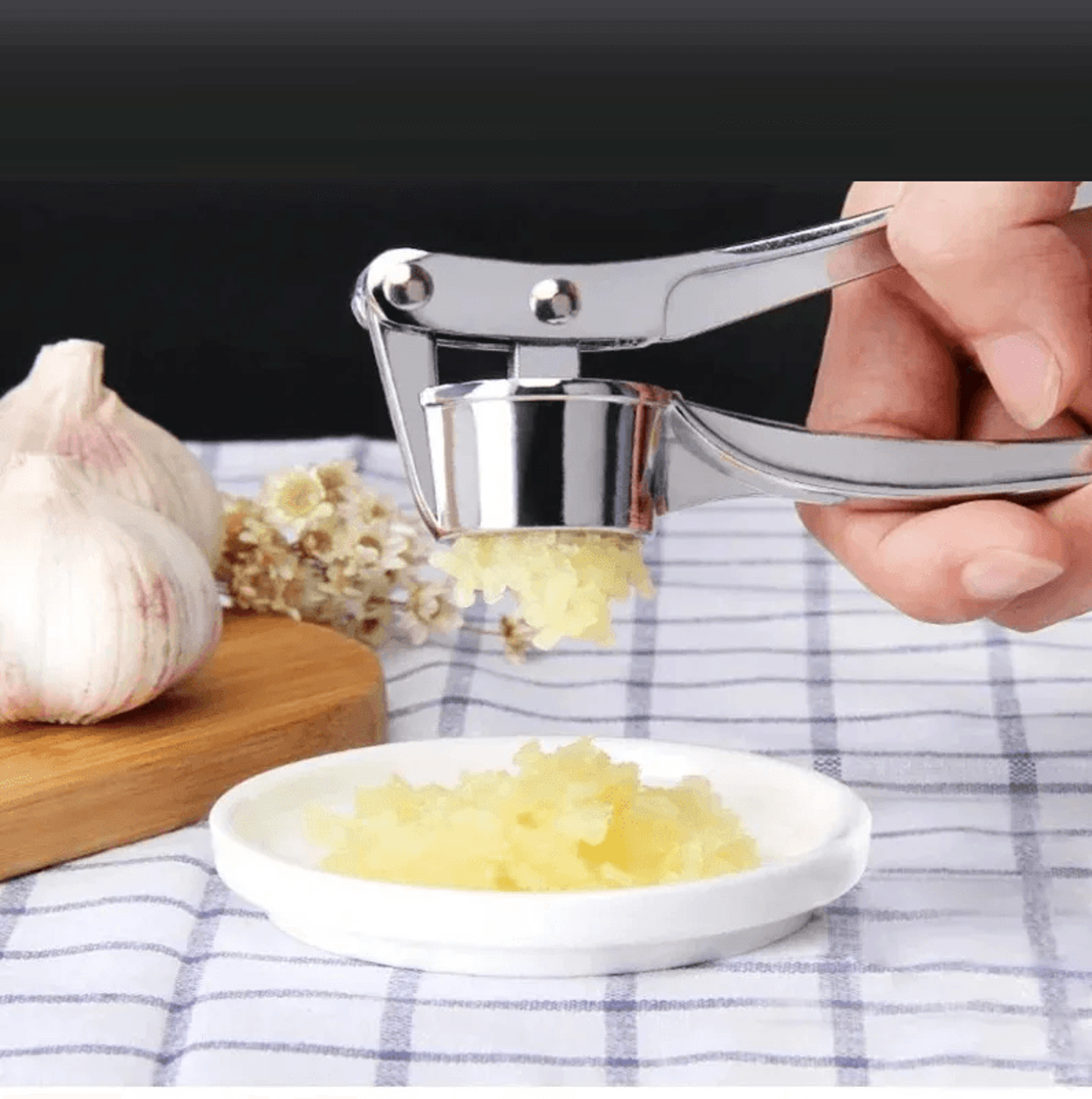 stainless steel garlic press and ginger masher with ergonomic handle