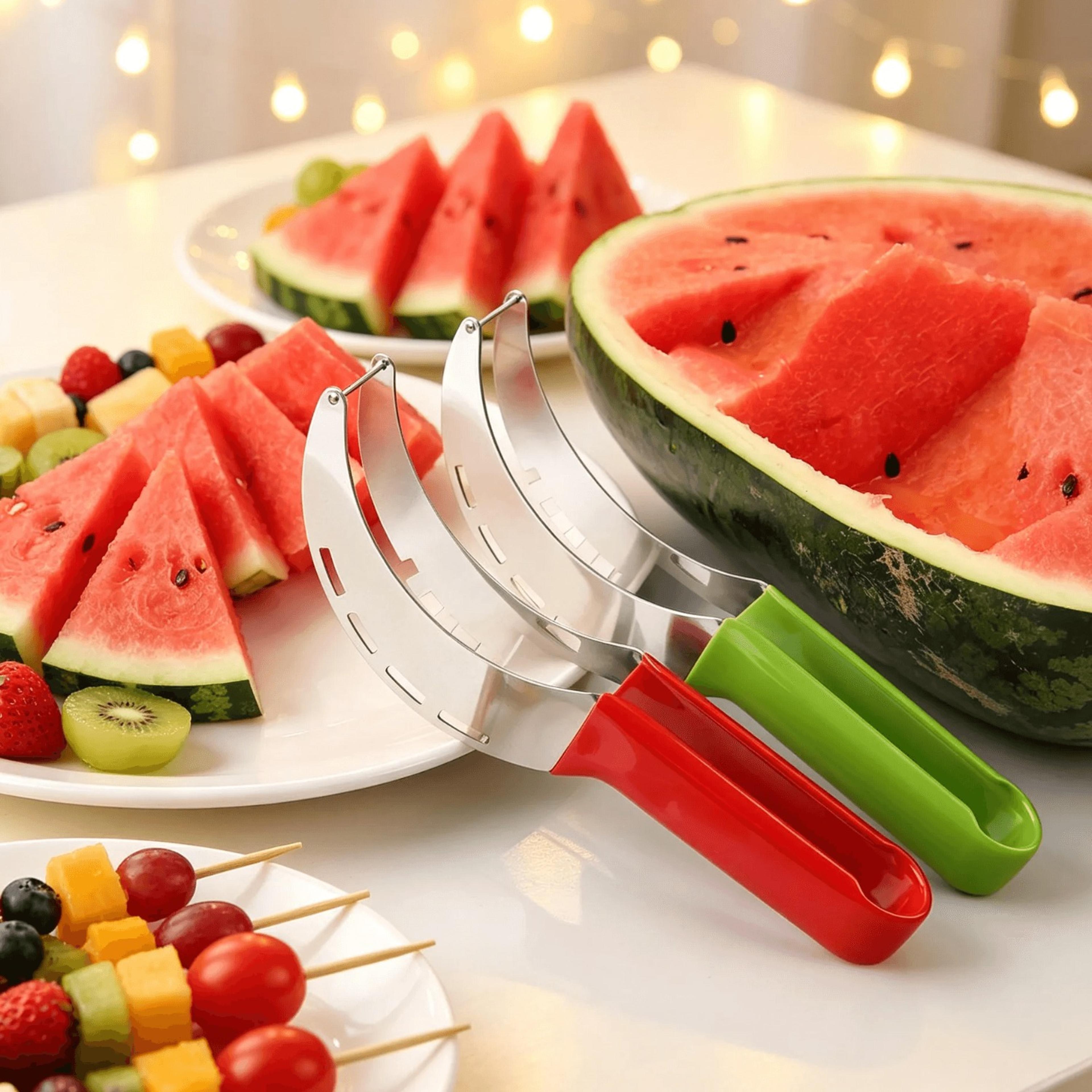 stainless steel watermelon slicer knife with fruit corer and serving clip