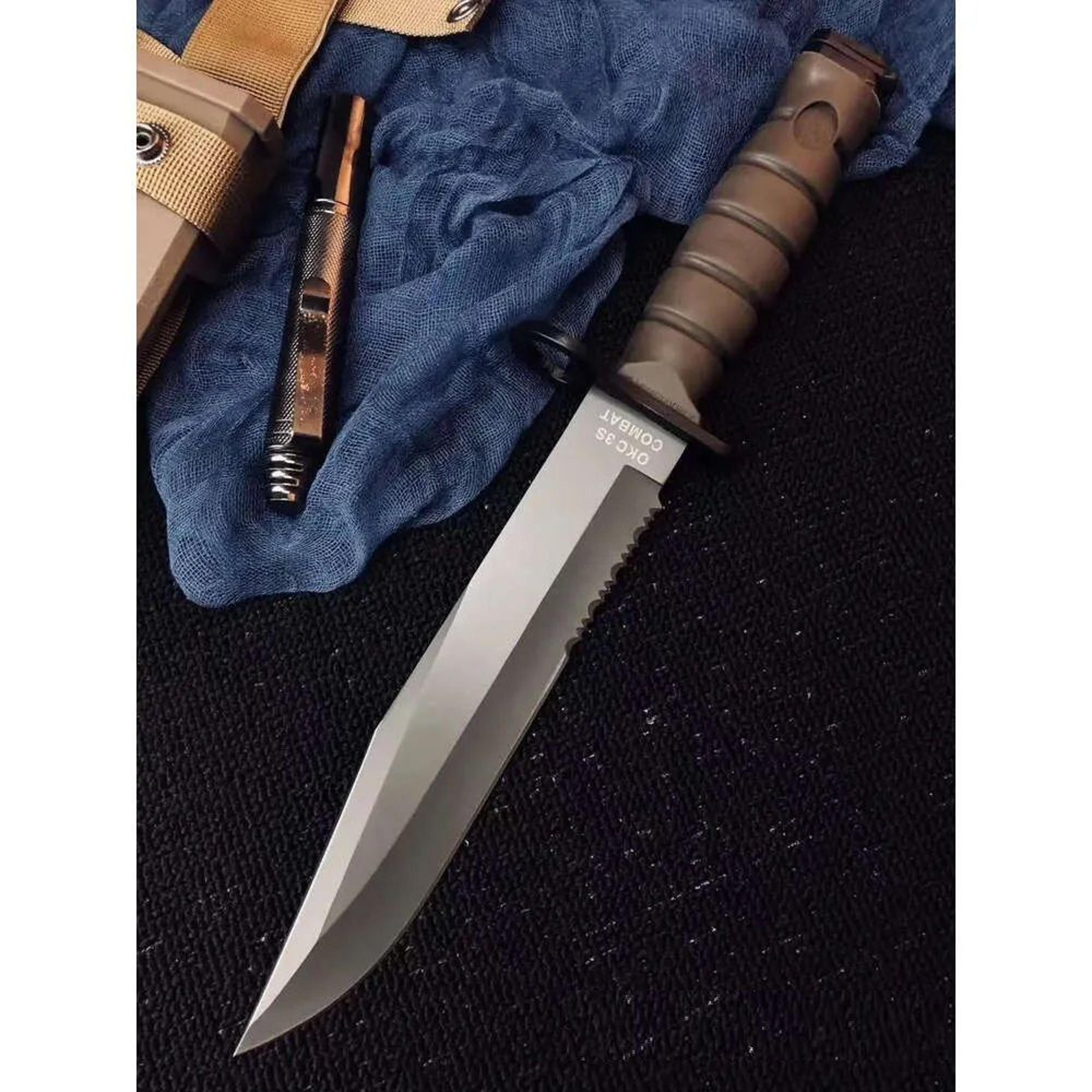 fixed blade camping knife with carbon steel blade and kraton handle