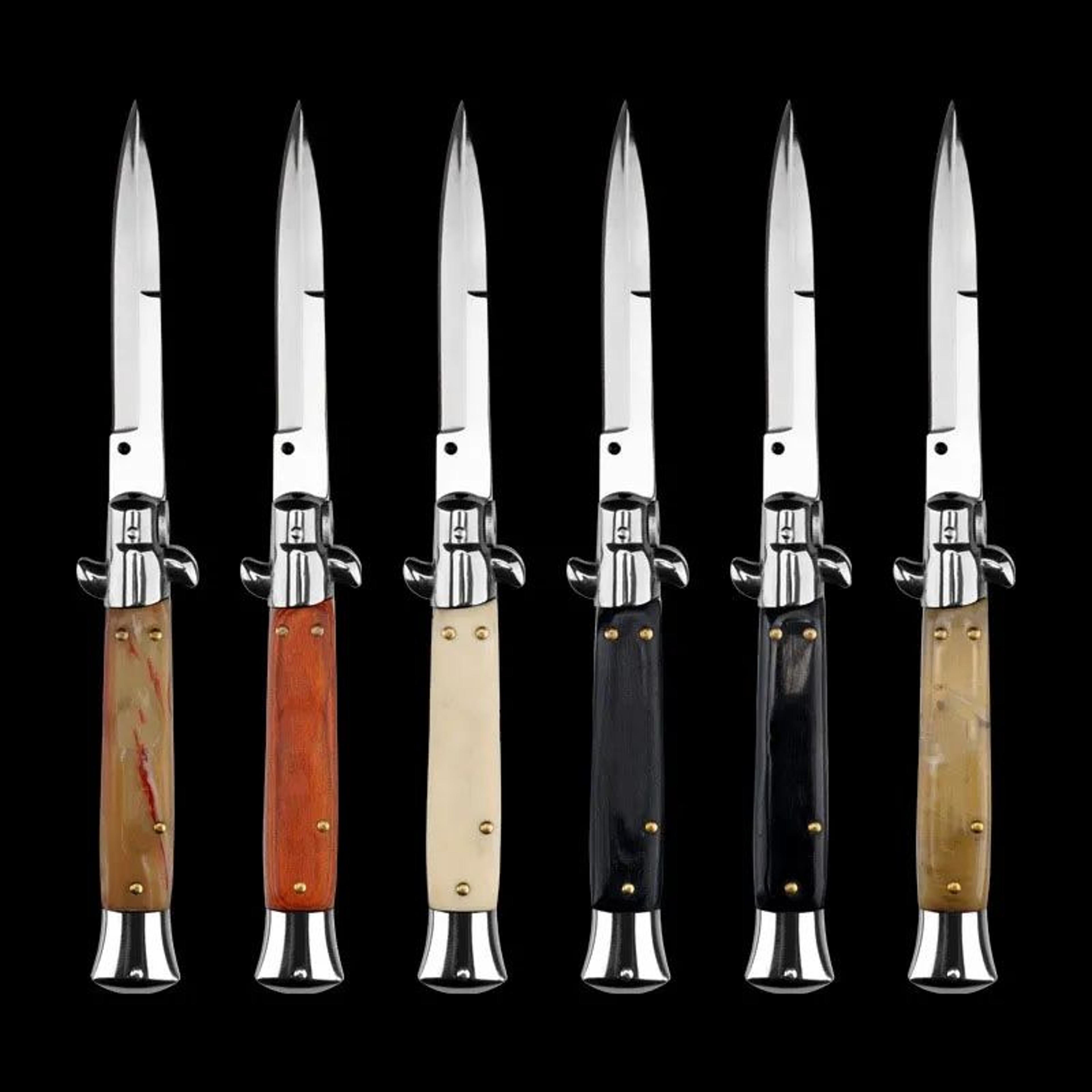 godfather stiletto folding pocket knife with steel blade and wood handle