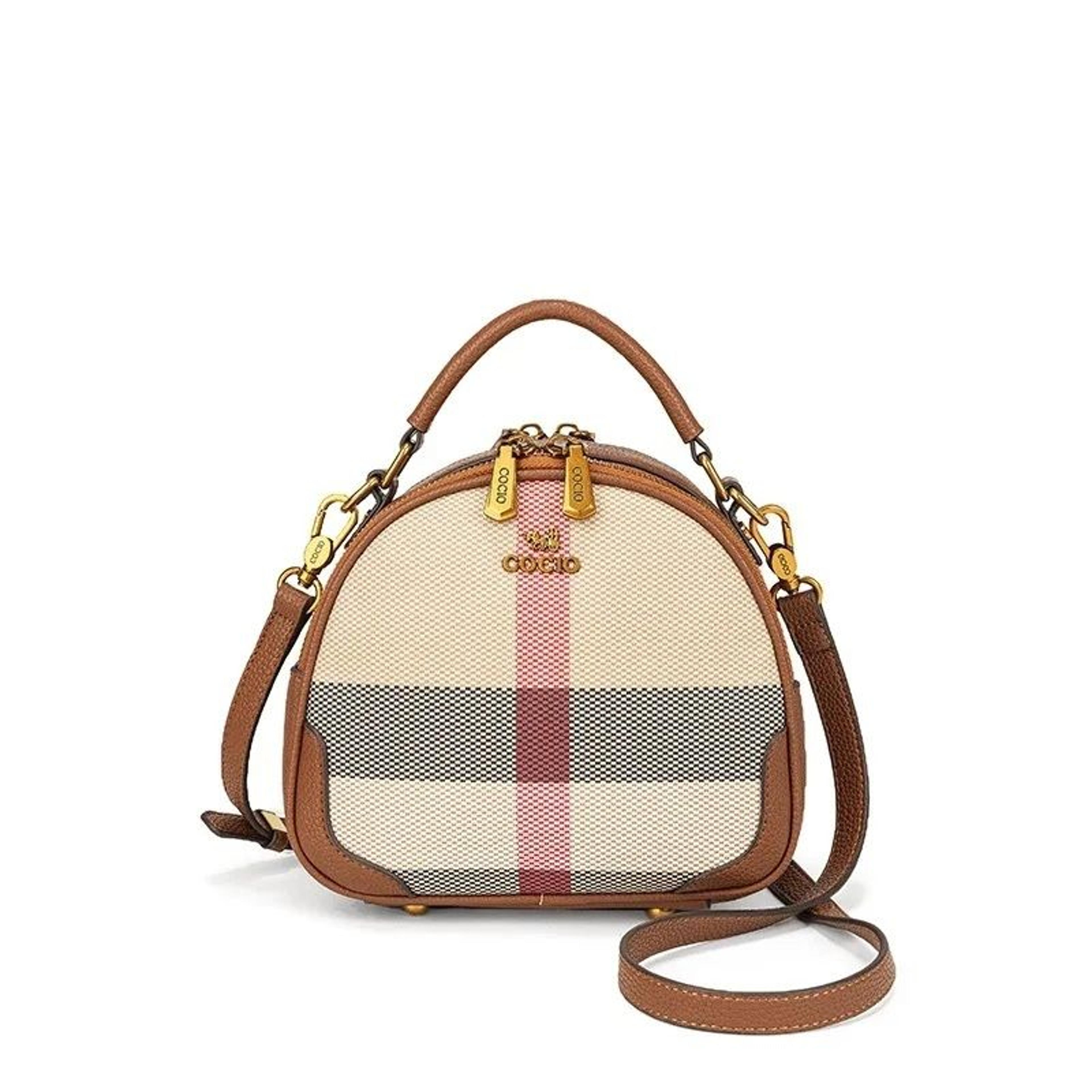women's plaid canvas shoulder bag with zipper closure and adjustable strap
