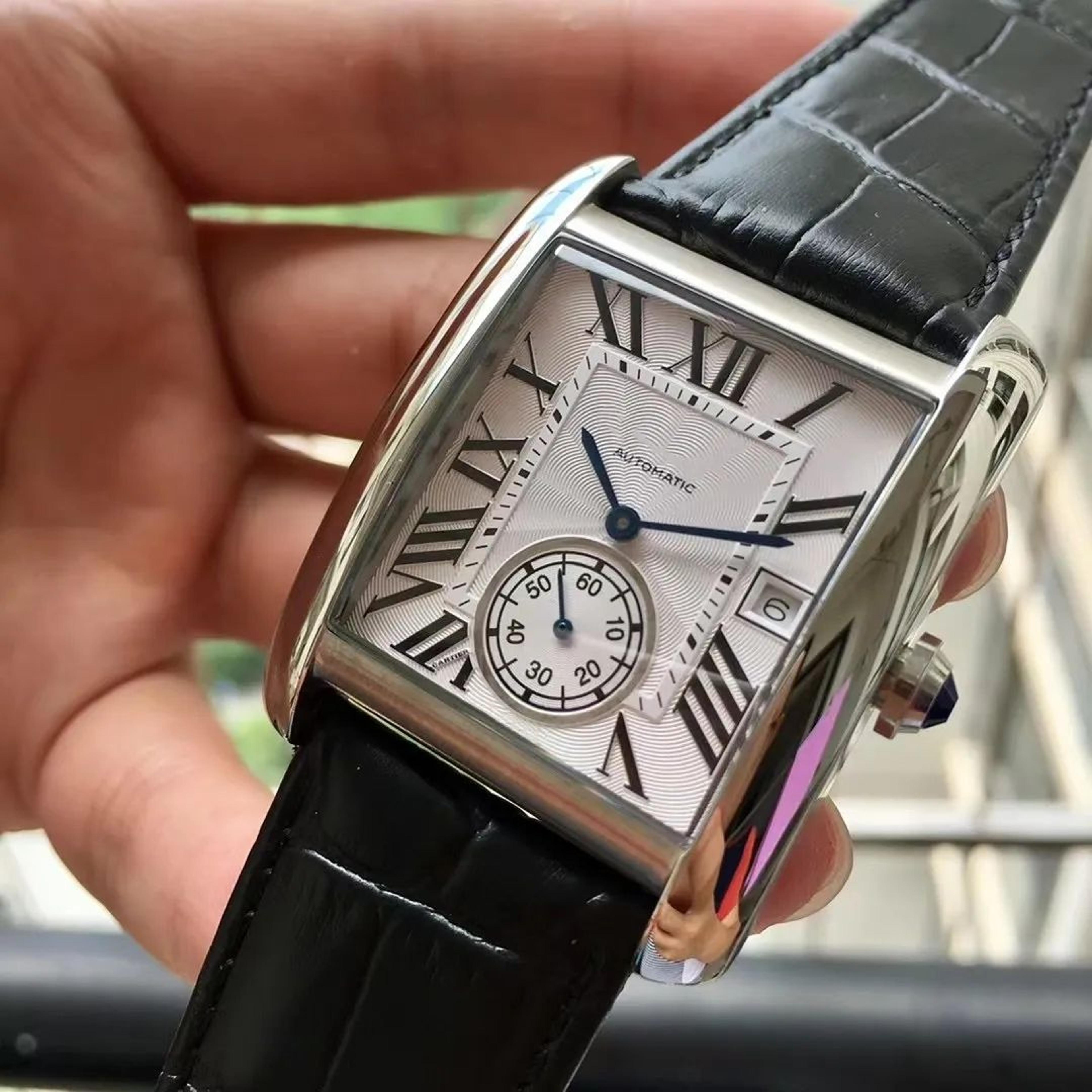 men's automatic mechanical tank watch with rectangular dial and black leather strap