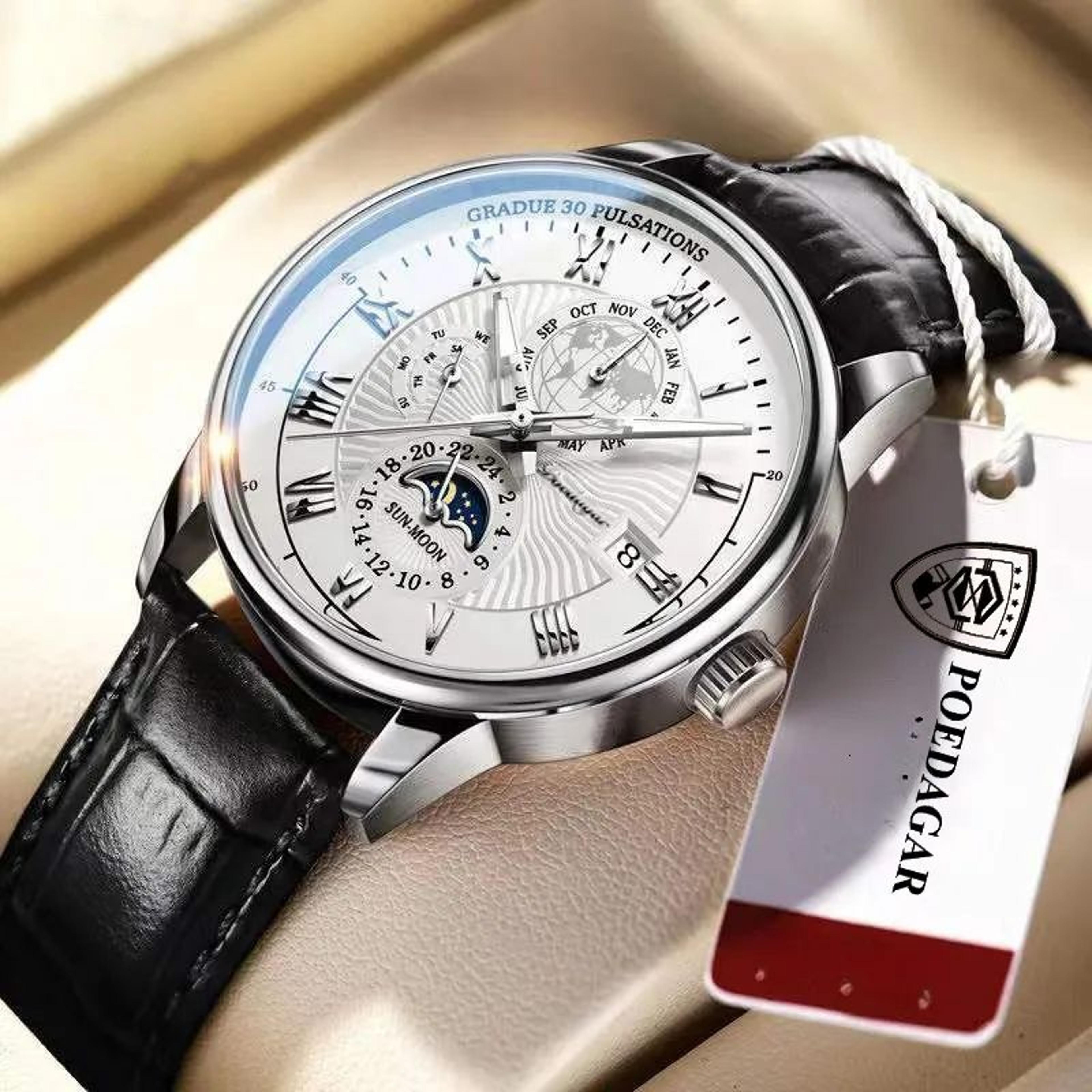 men's quartz business watch with stainless steel band and round dial