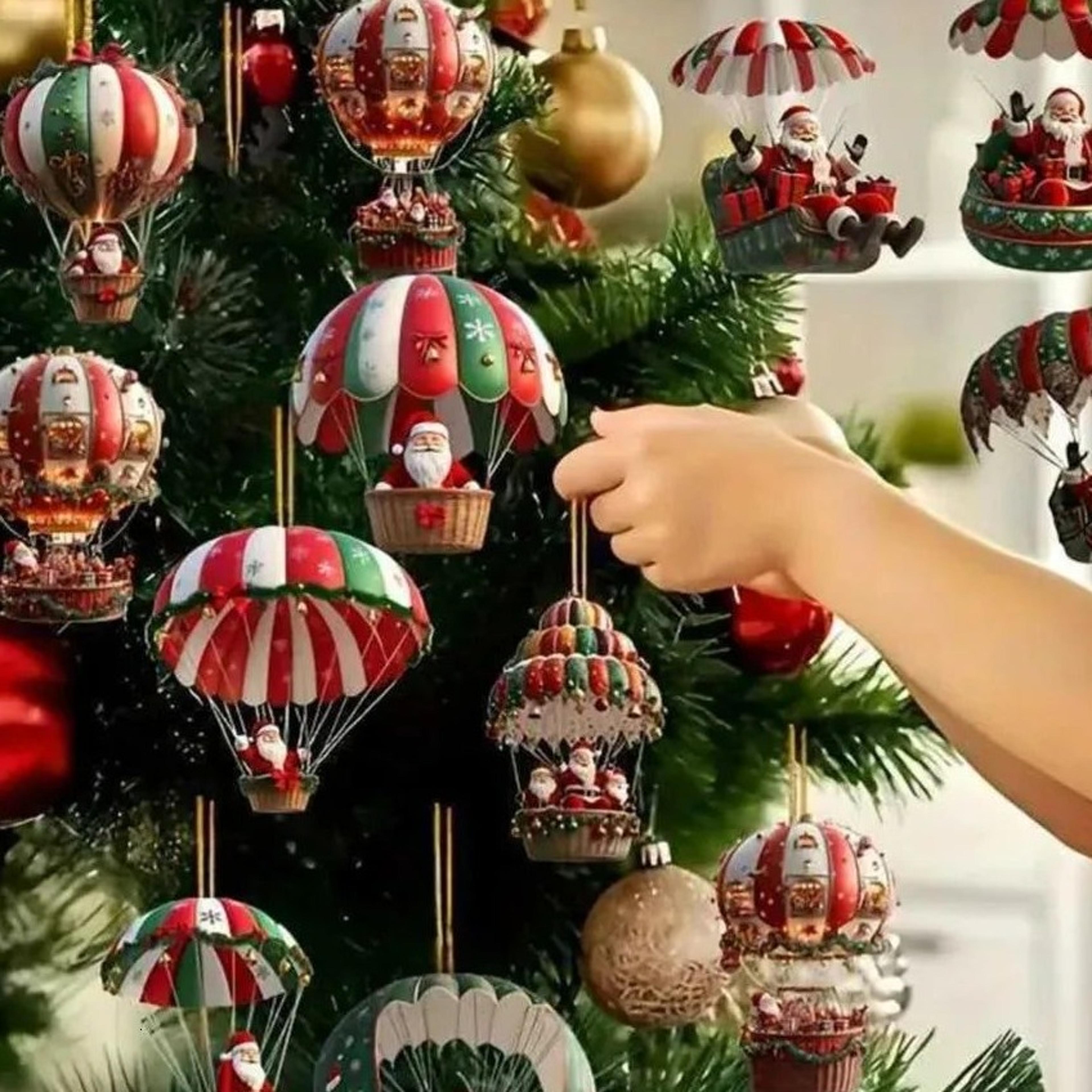 christmas tree hanging ornament set with santa claus and hot air balloon designs