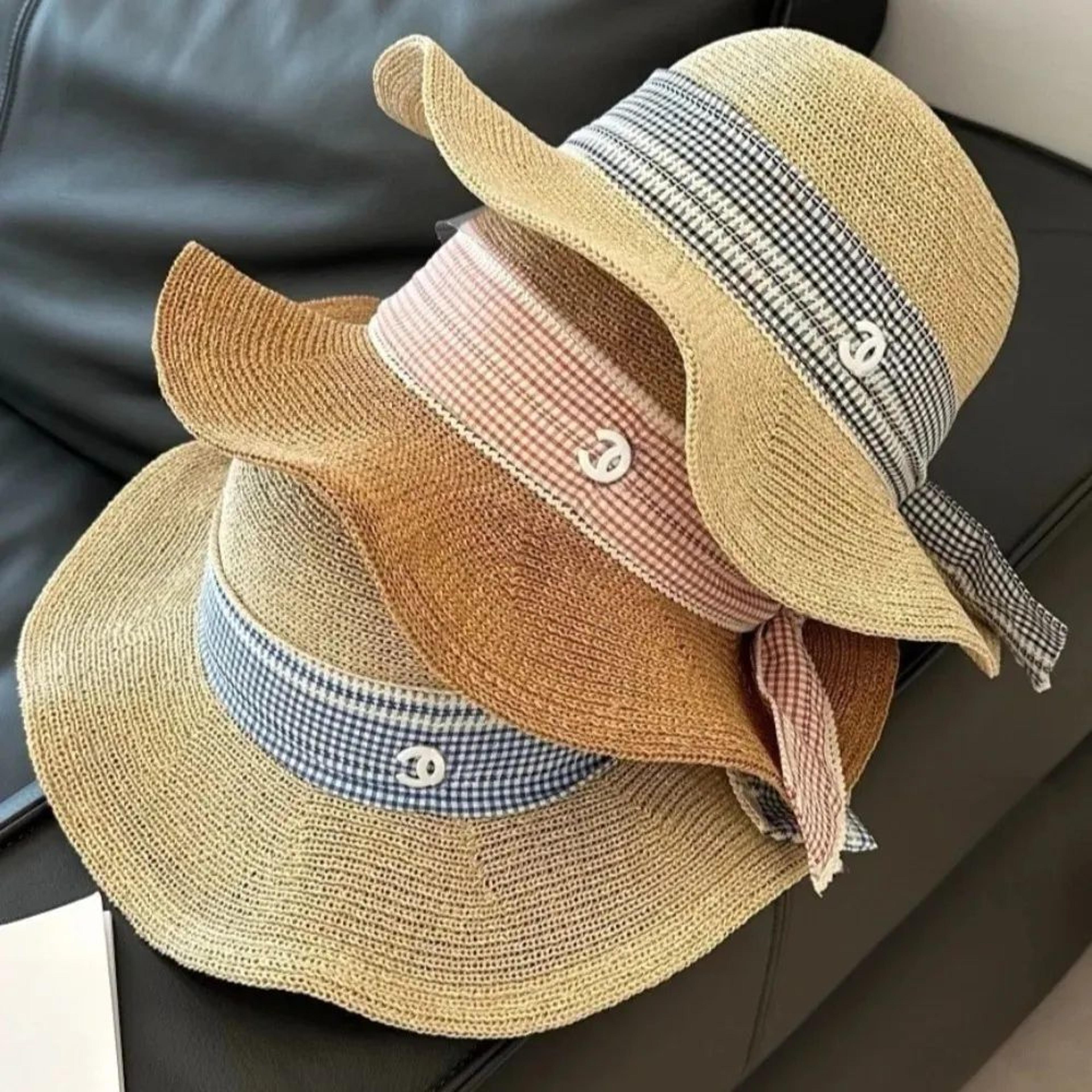wide brim straw hat with plaid ribbon and dome crown for women