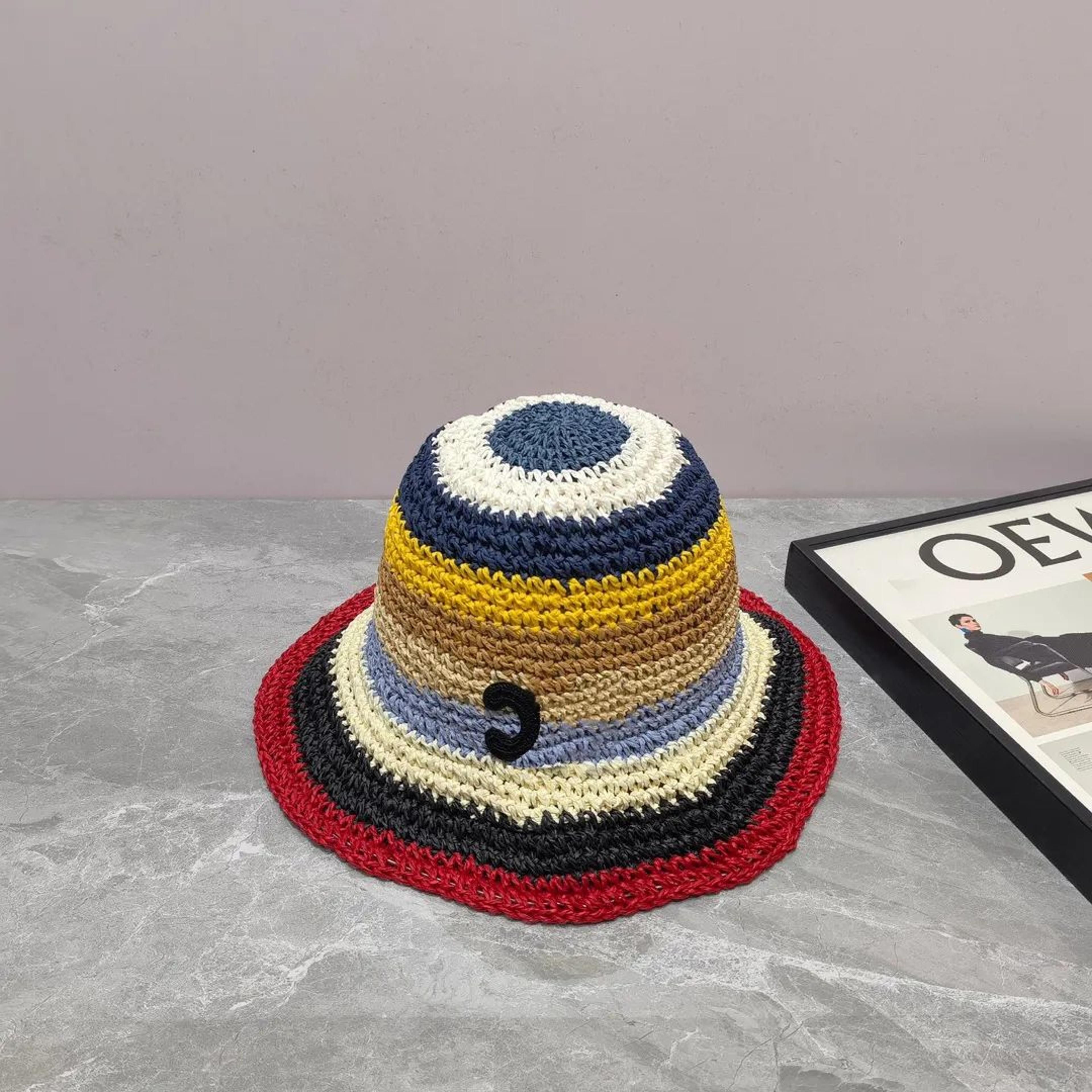 rainbow straw bucket hat with breathable woven design and wide brim