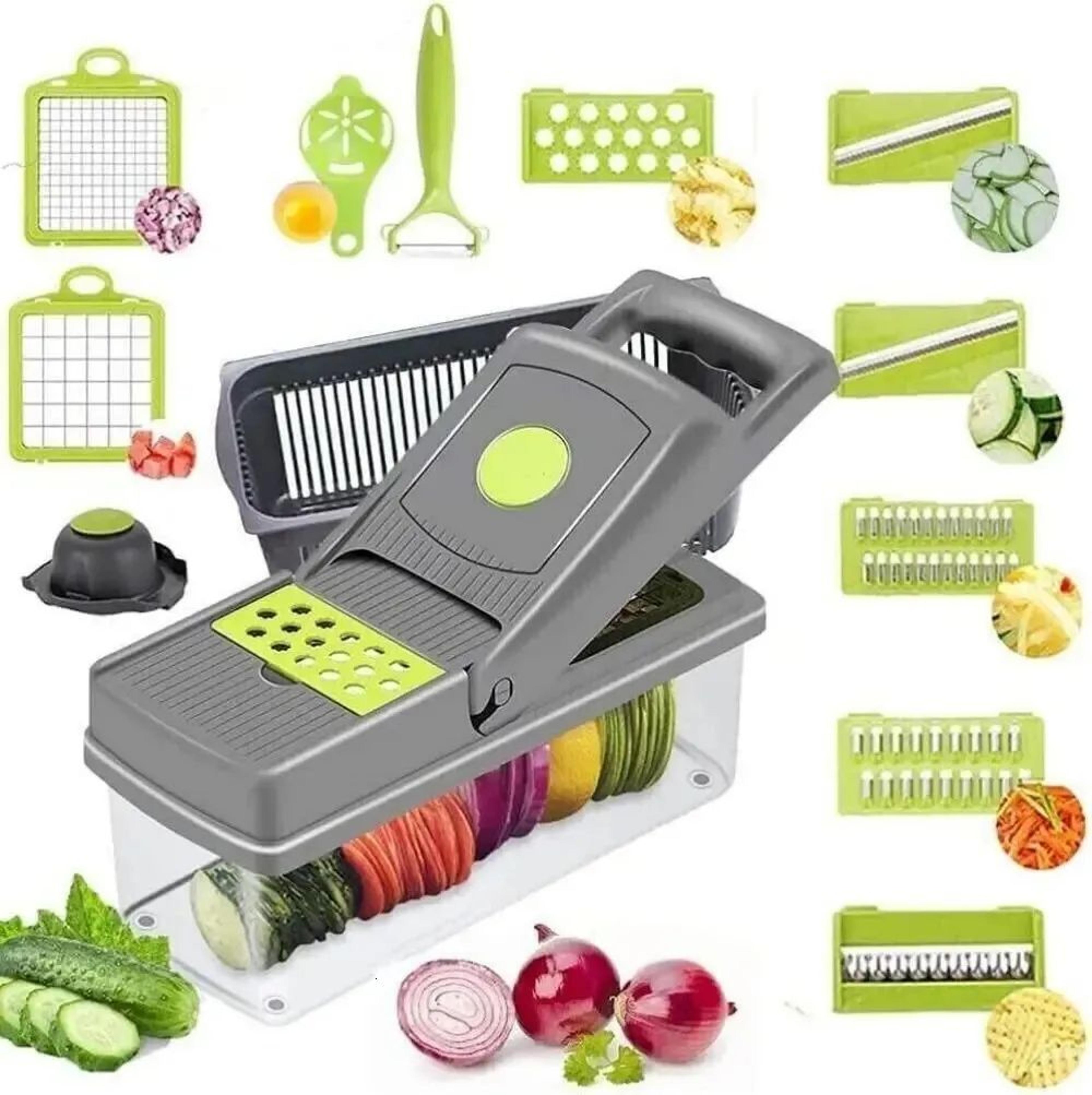 vegetable chopper and mandoline slicer with blades and container