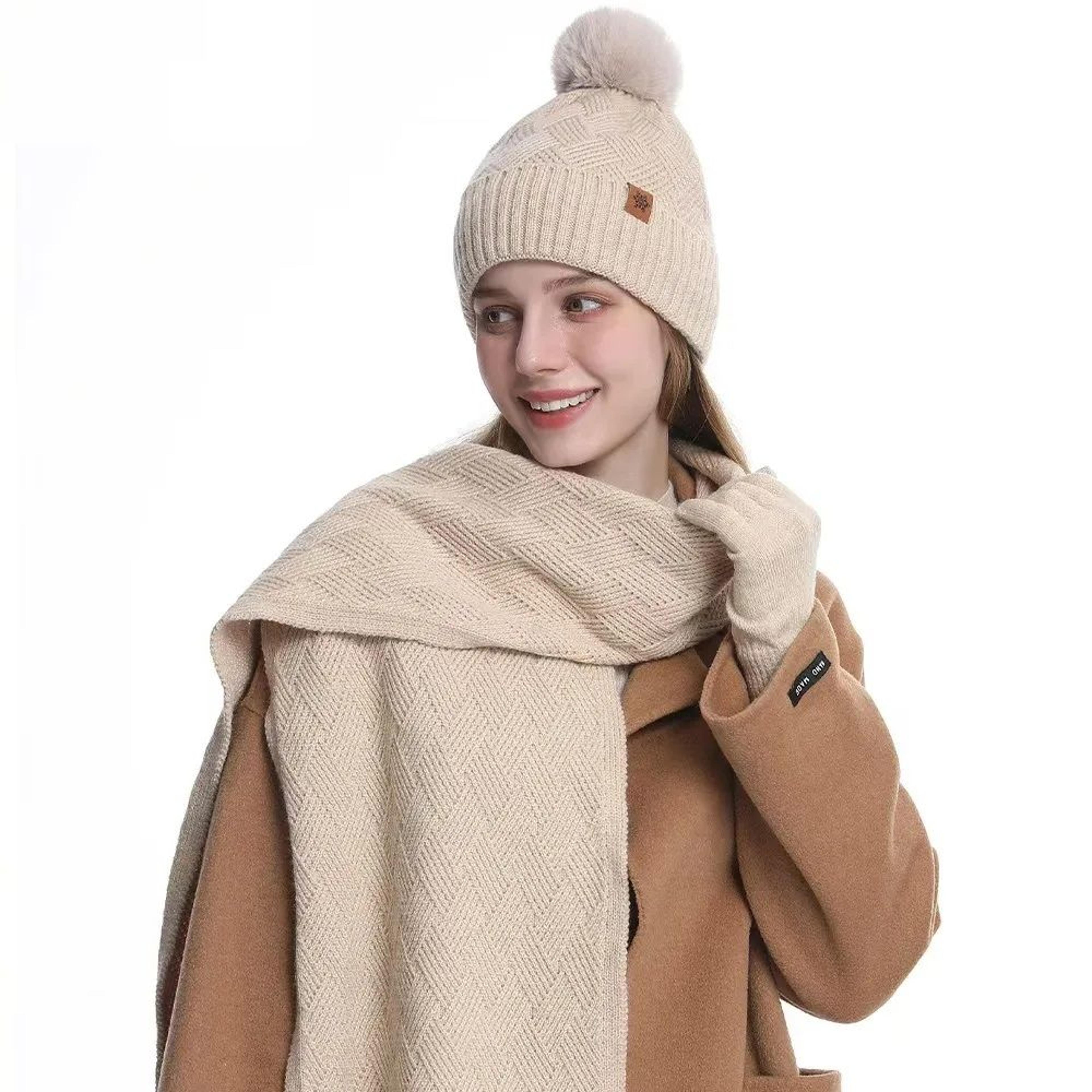 winter knit beanie hat scarf and touchscreen gloves set for men and women
