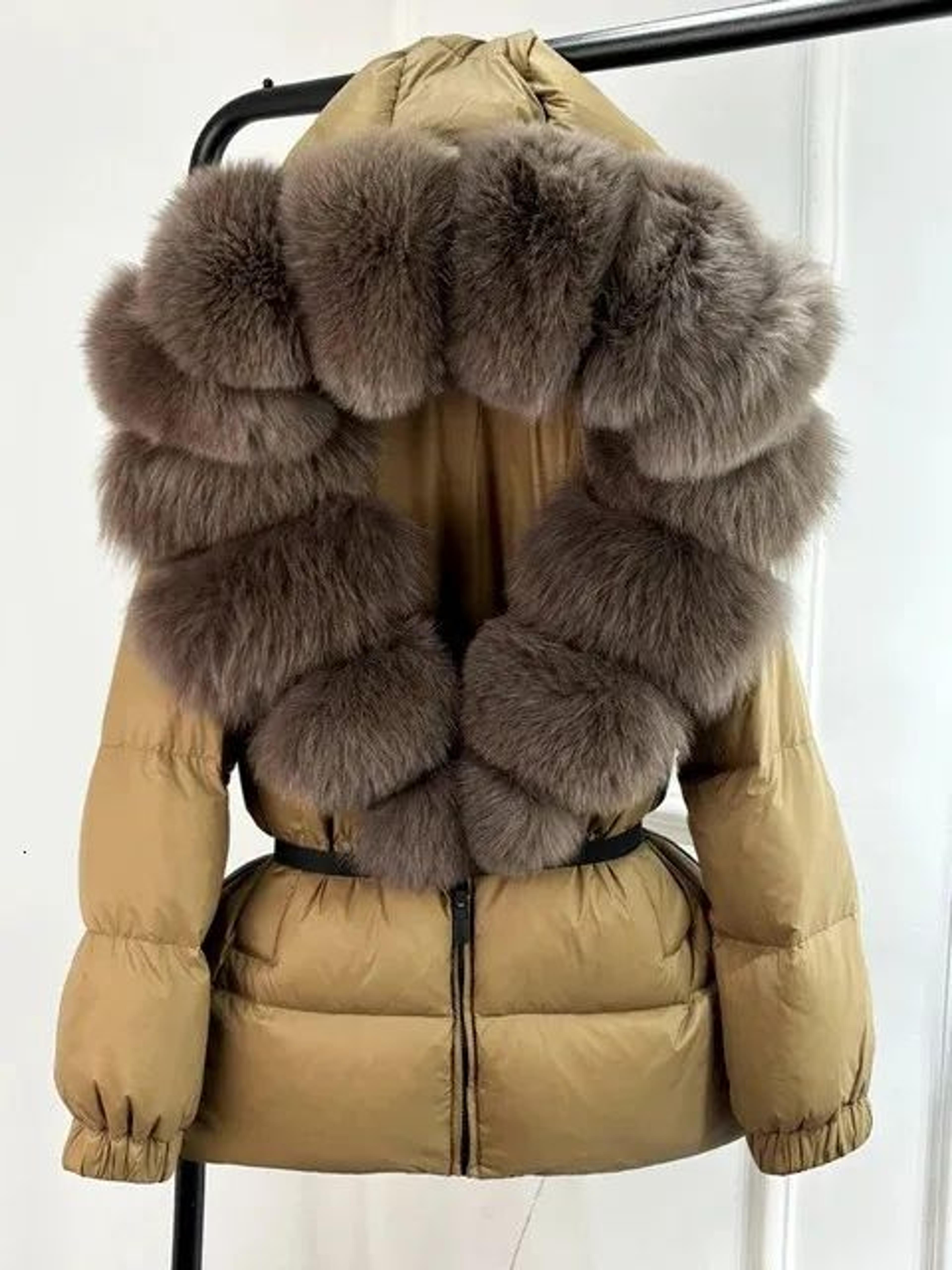 women's winter puffer jacket with white duck down and fur trimmed hood