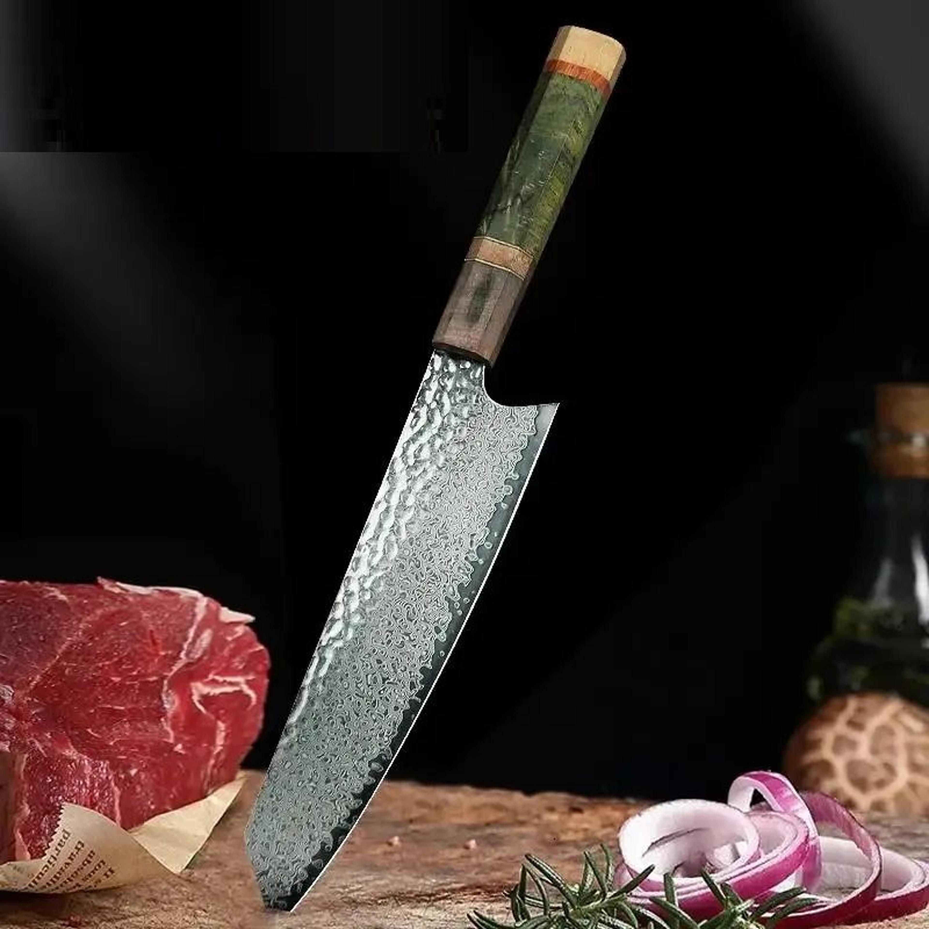 chef knife with layer damascus steel blade and colored wood handle