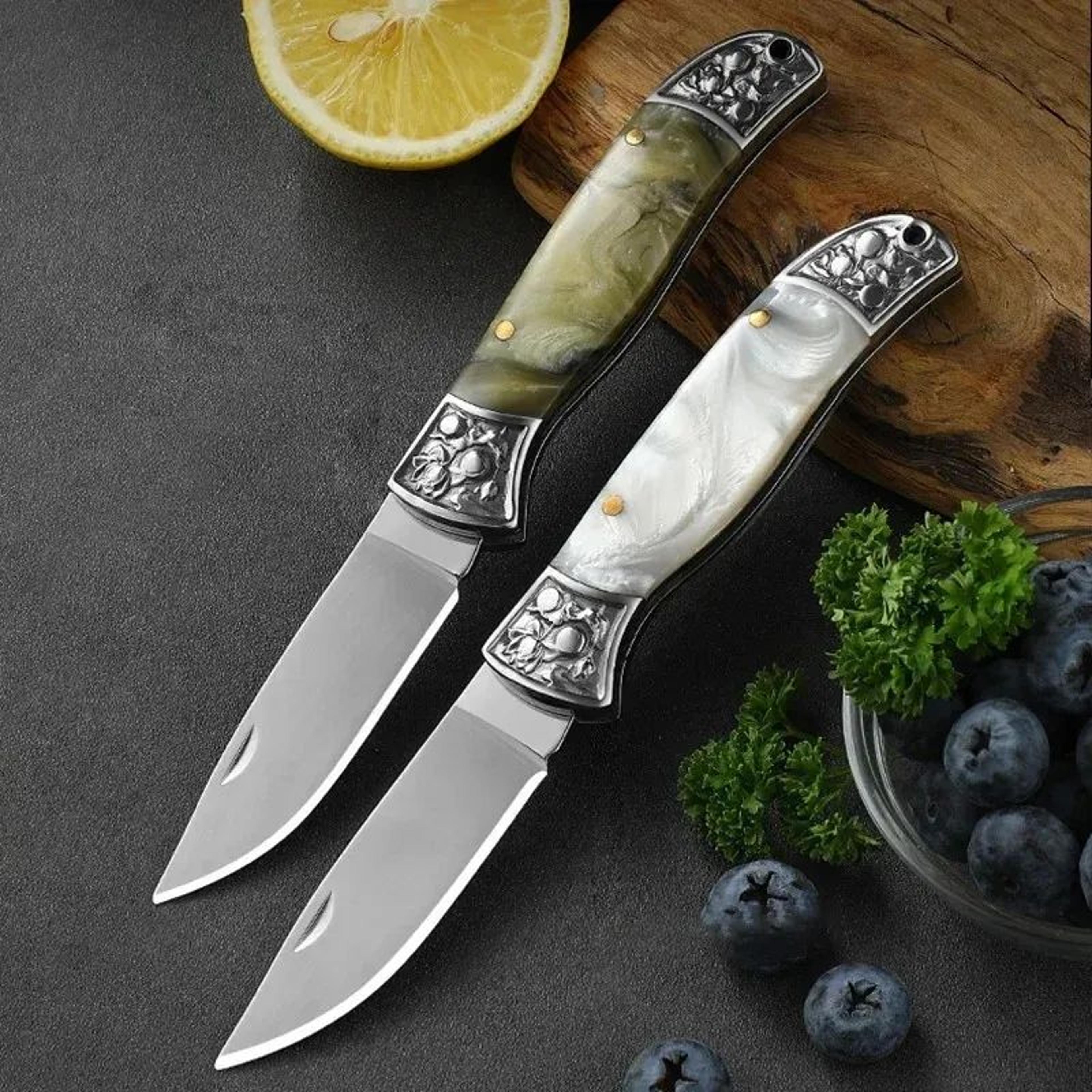 folding kitchen knife with stainless steel blade and resin handle for fruit and food prep