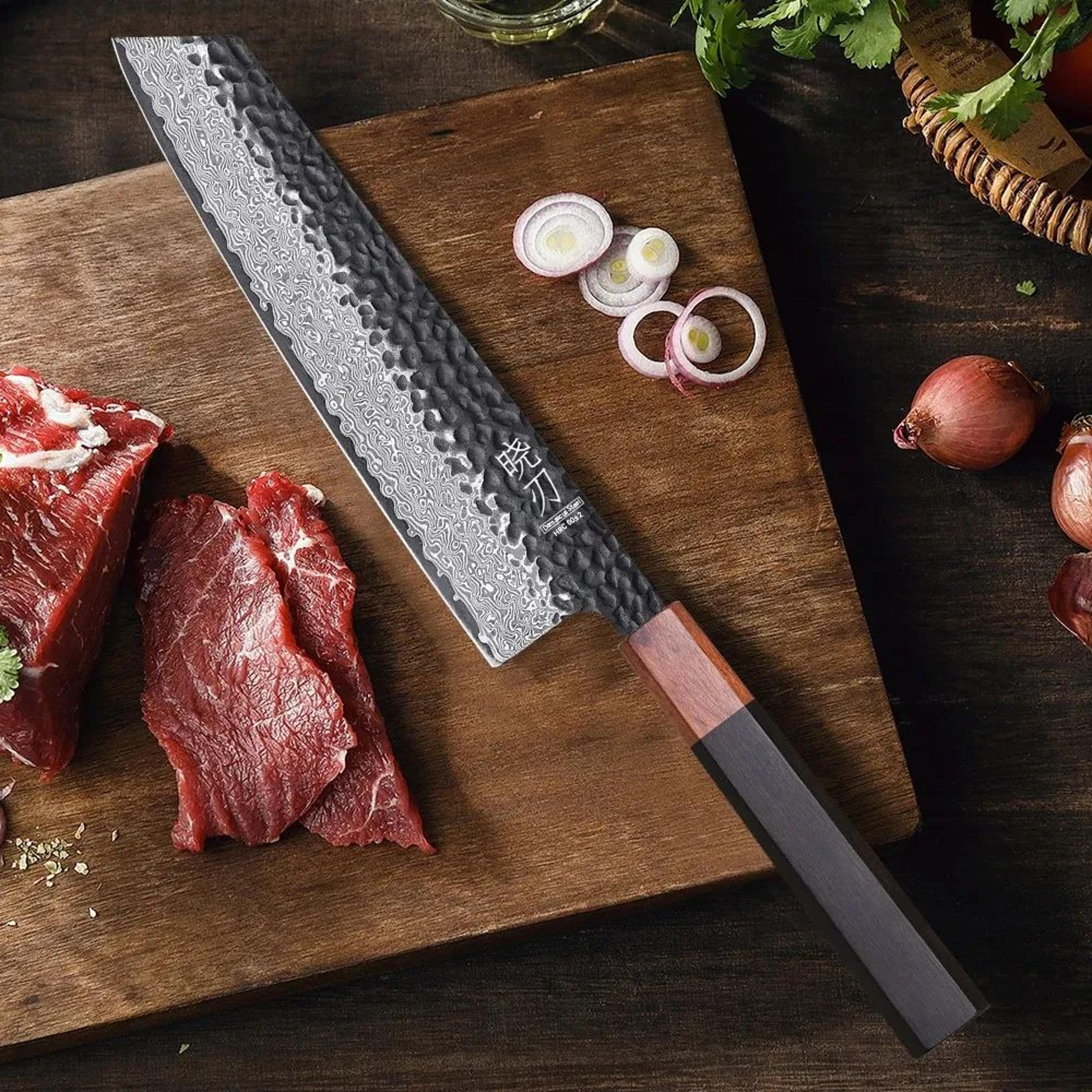 kiritsuke chef knife with layer damascus steel blade and core