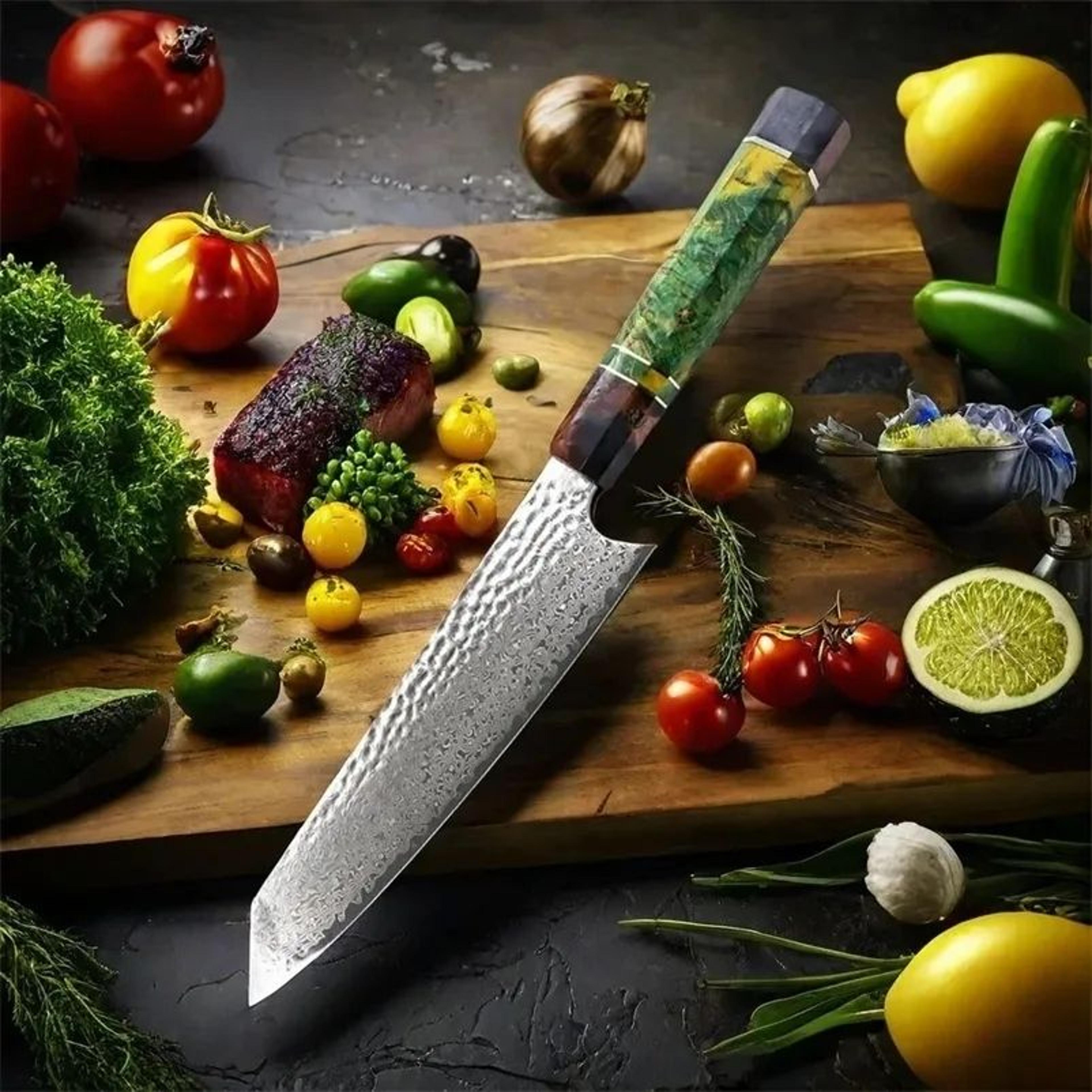 damascus chef knife with layer steel blade and colored wooden handle